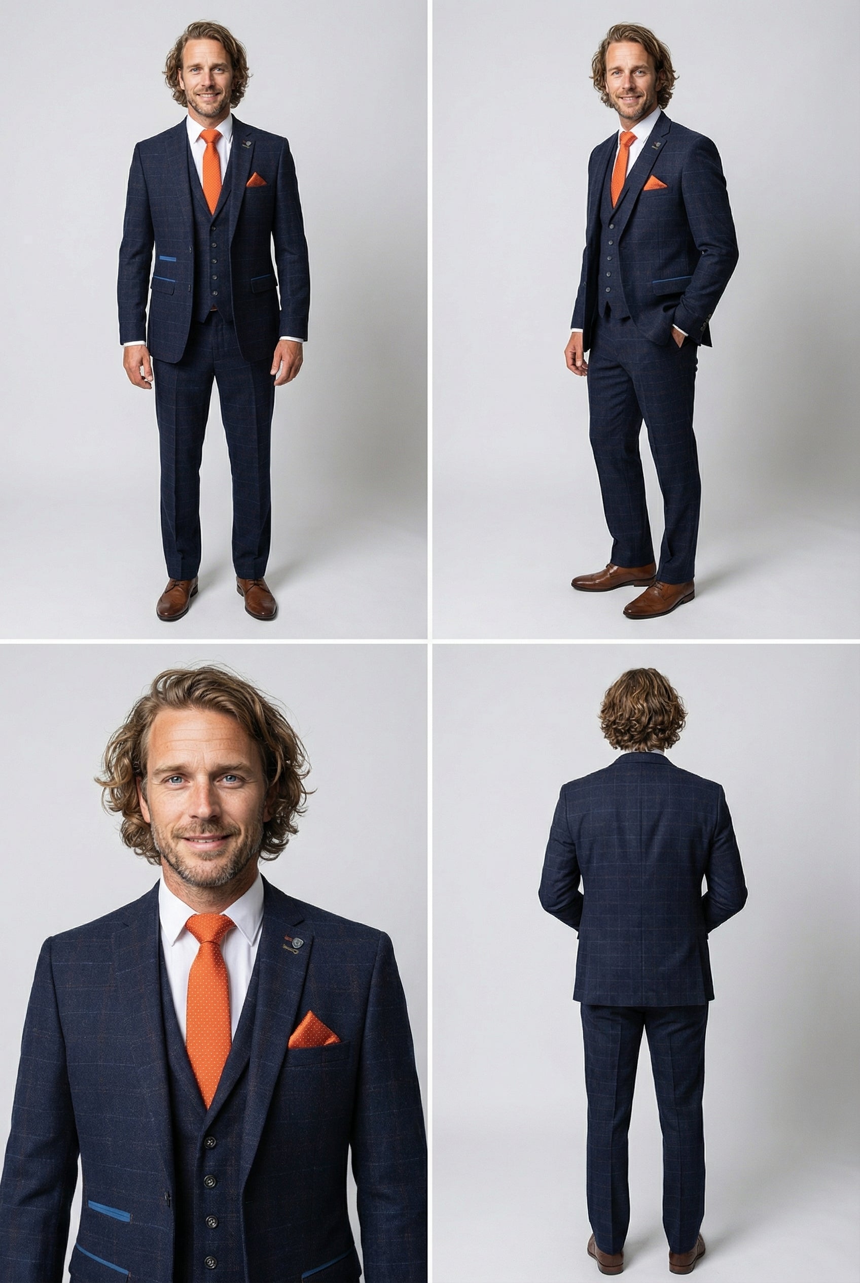 Father & Son Matching Windowpane Check Wool Tweed 3-Piece Suit Set - Ryan Navy