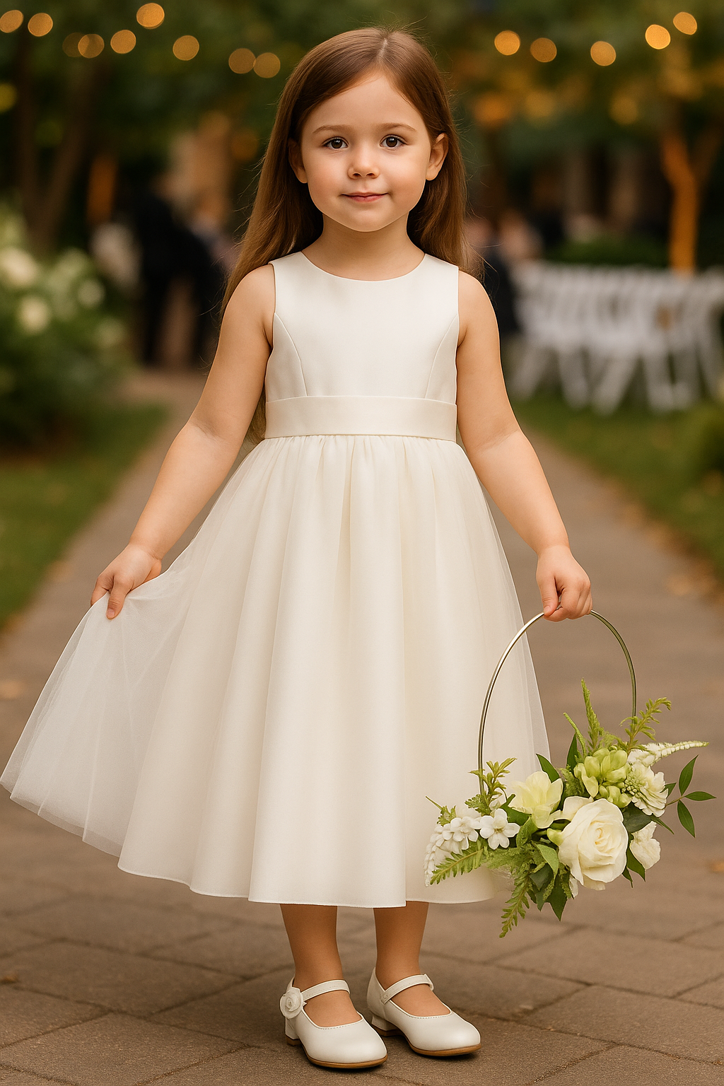 Flower Girl Dress with Tulle Skirt & Bow - HILARY - Ivory Model Picture