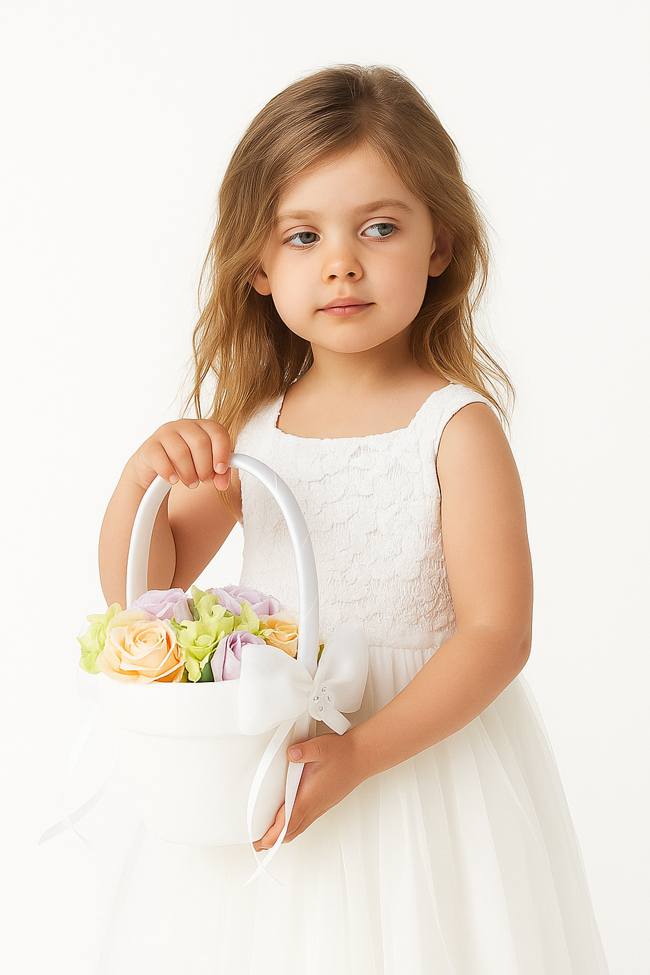 Flower Girl Basket with Bow and Pearl Accents - GBK115 - White MODEL