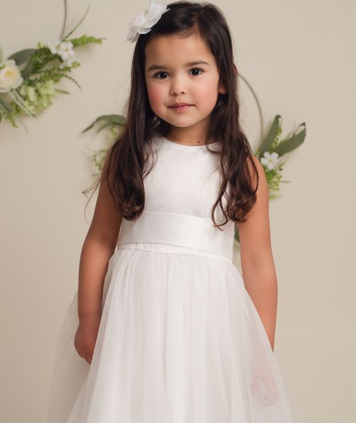 Flower Girl Dress with Tulle Skirt & Bow - HILARY - Ivory