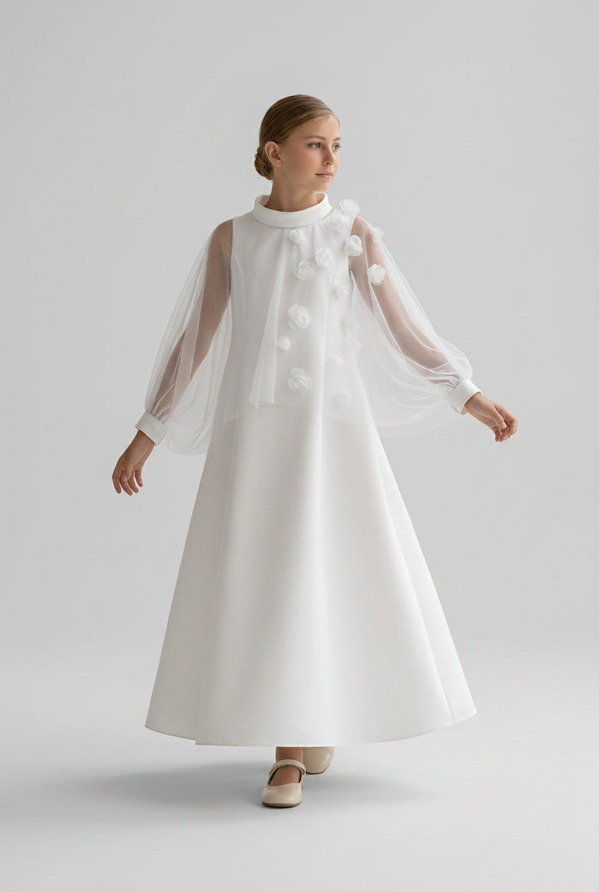Girls 2-Piece Long Occasion Dress with Tulle Overlay - Ecru Model Picture