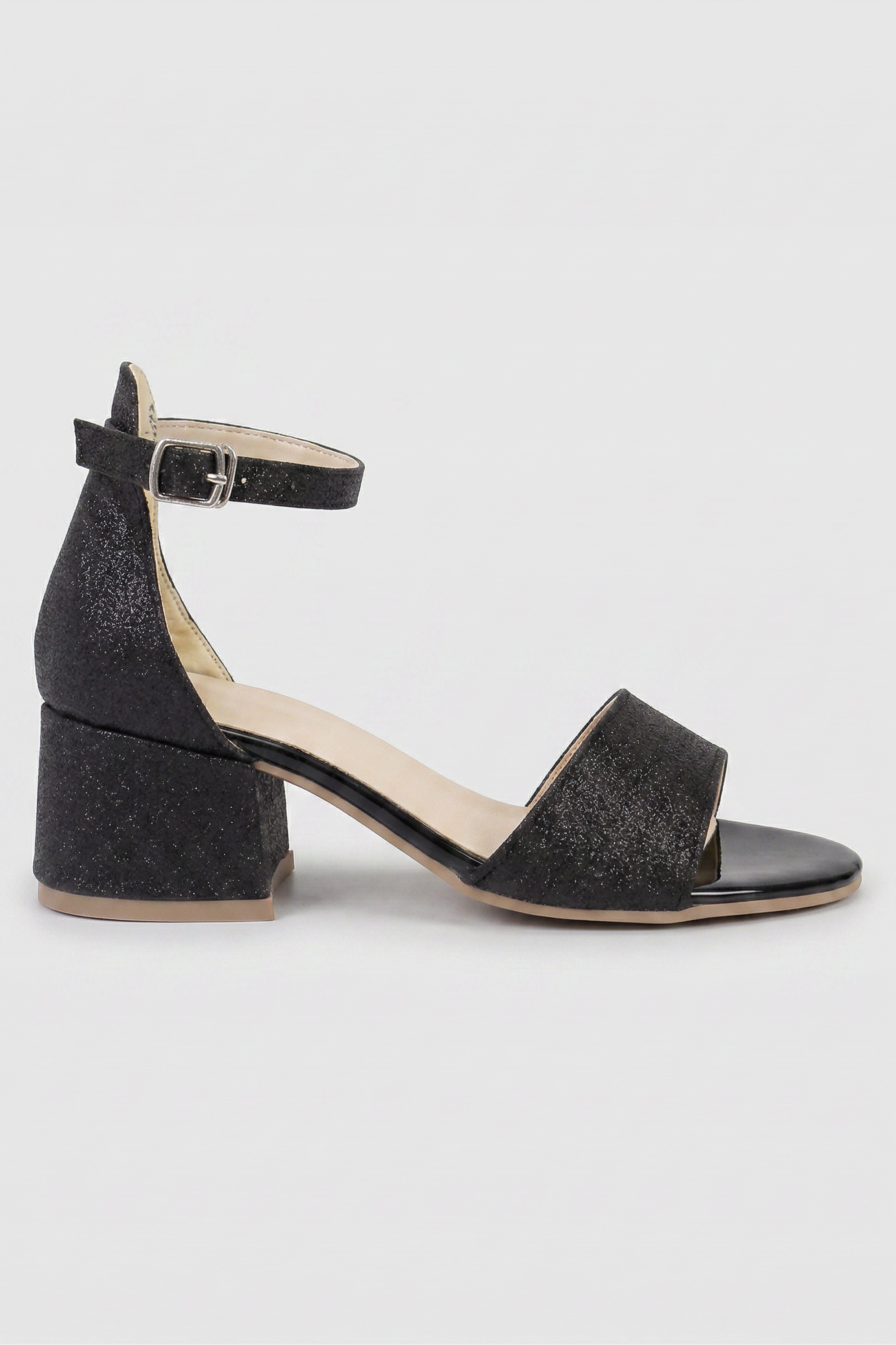 Girls Ankle-Strap Block Heel Sandals - SPARKLE - Black