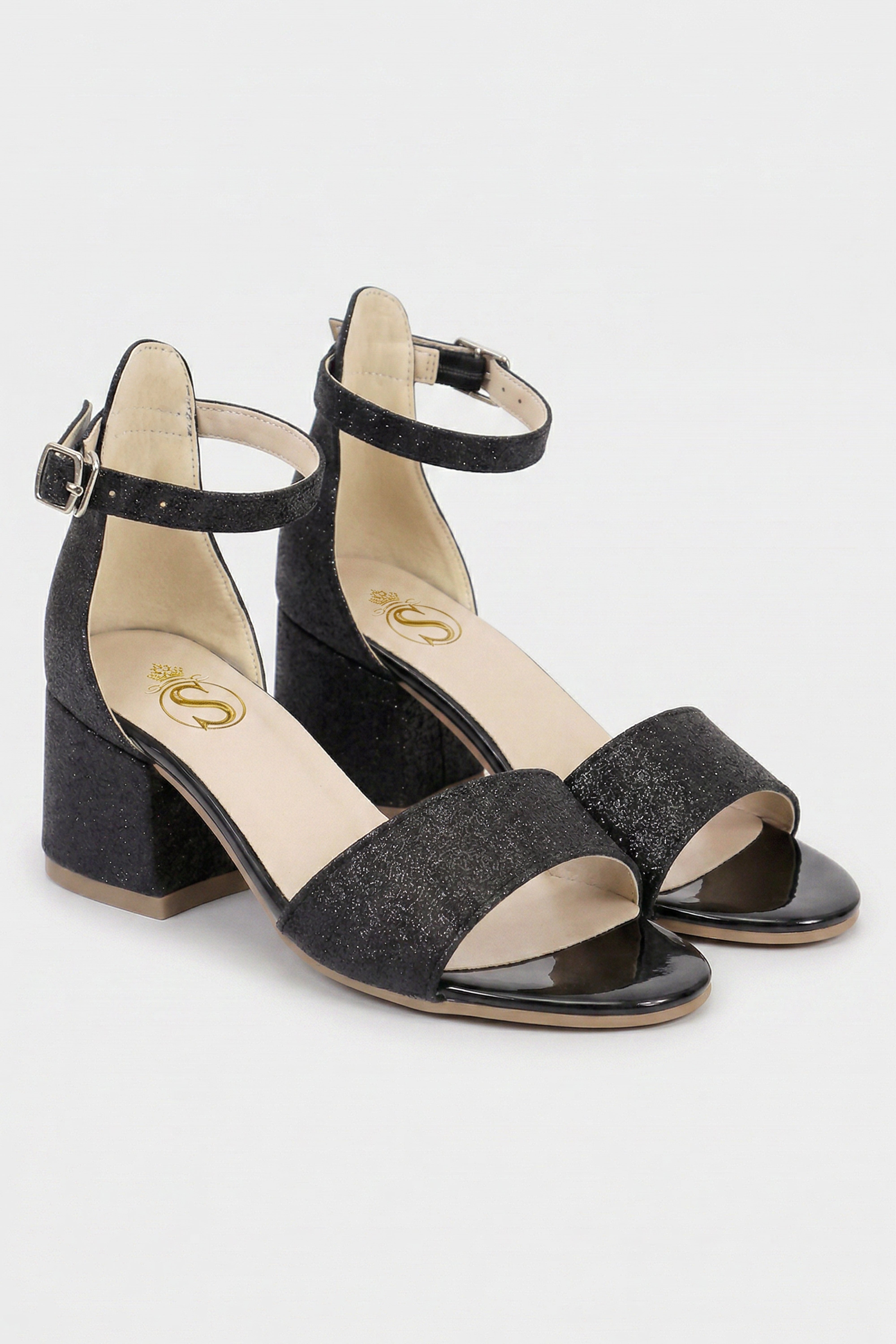 Girls Ankle-Strap Block Heel Sandals - SPARKLE - Black