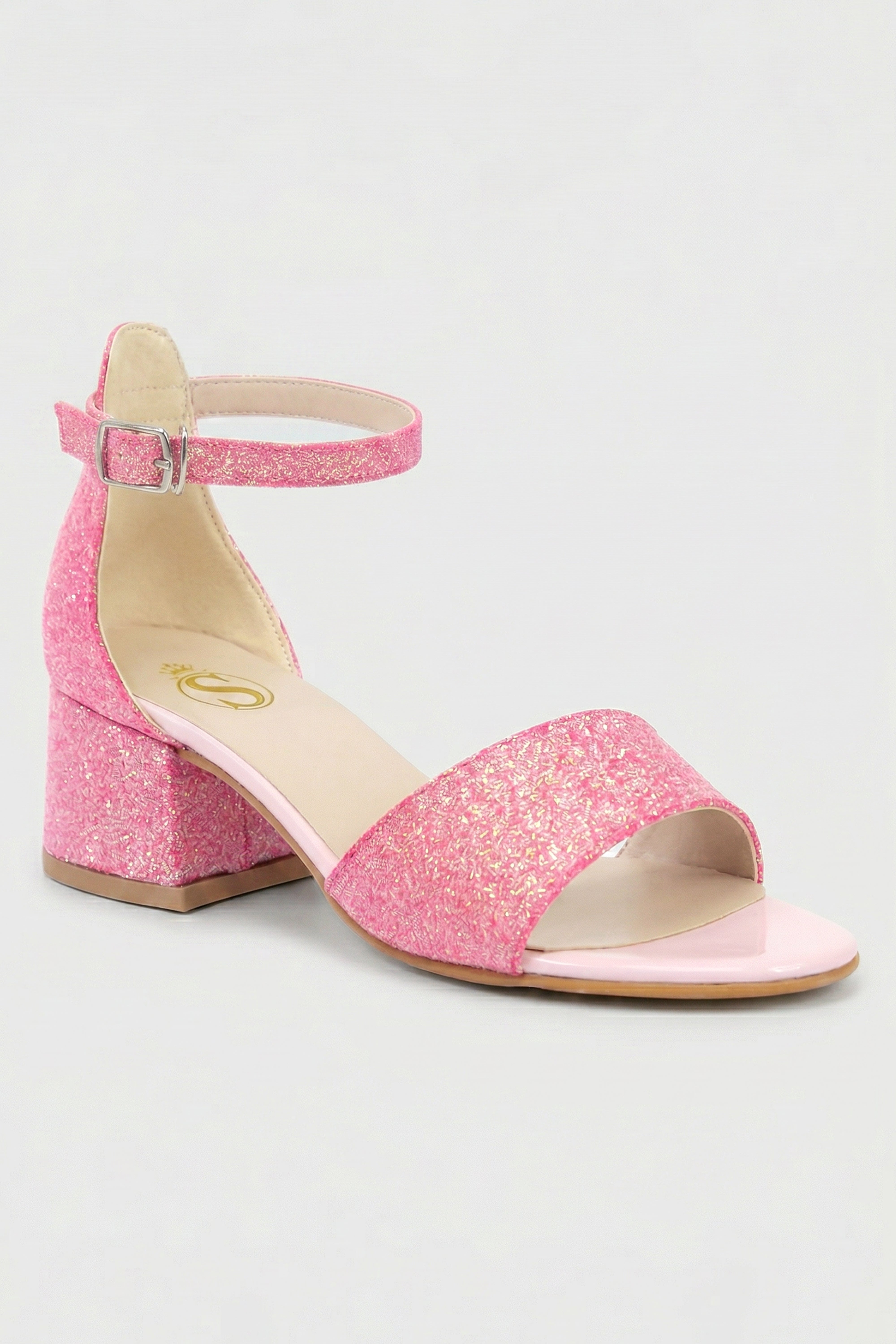 Girls Ankle-Strap Block Heel Sandals - SPARKLE - Cherry Pink