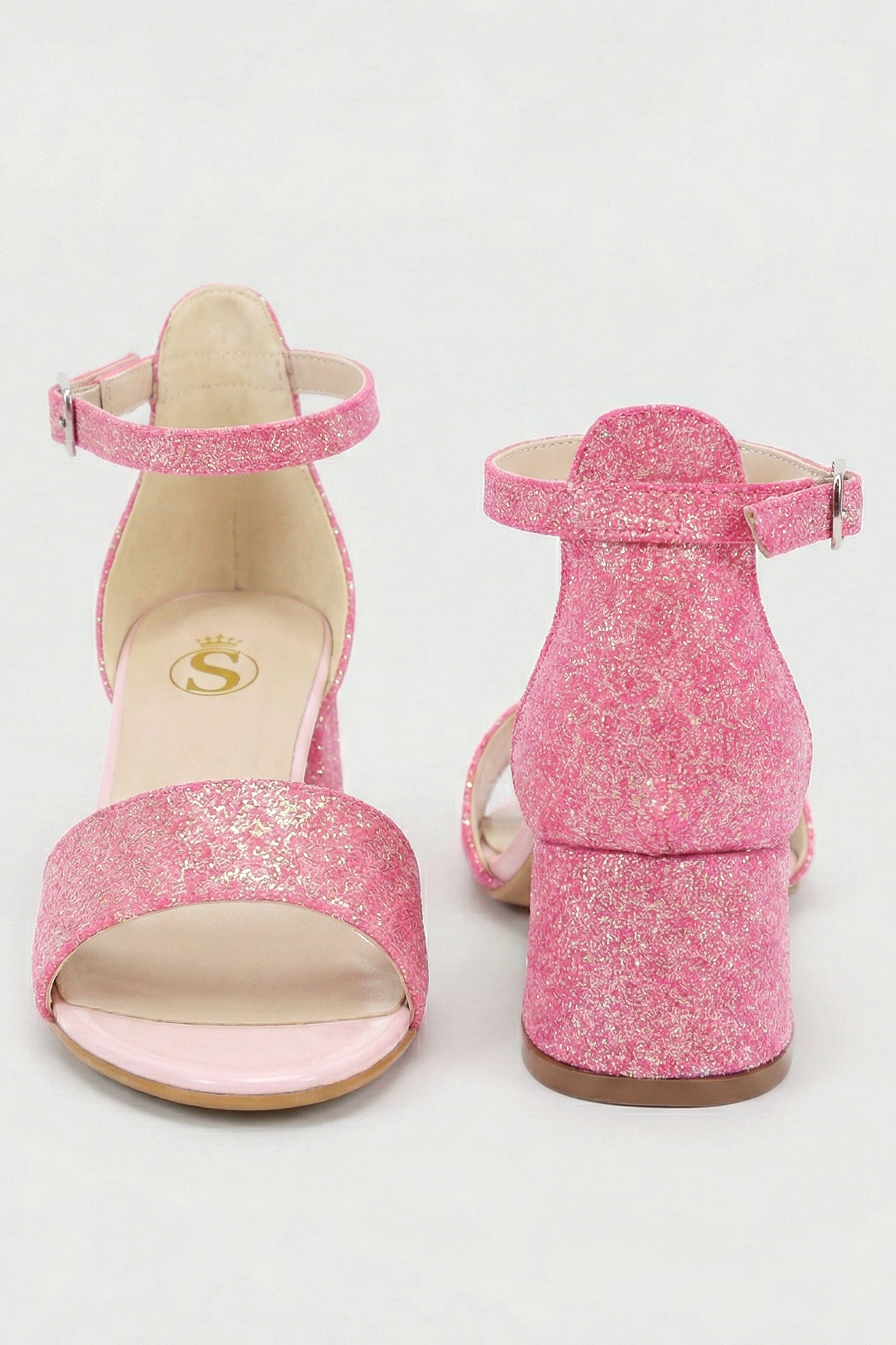Girls Ankle-Strap Block Heel Sandals - SPARKLE - Cherry Pink
