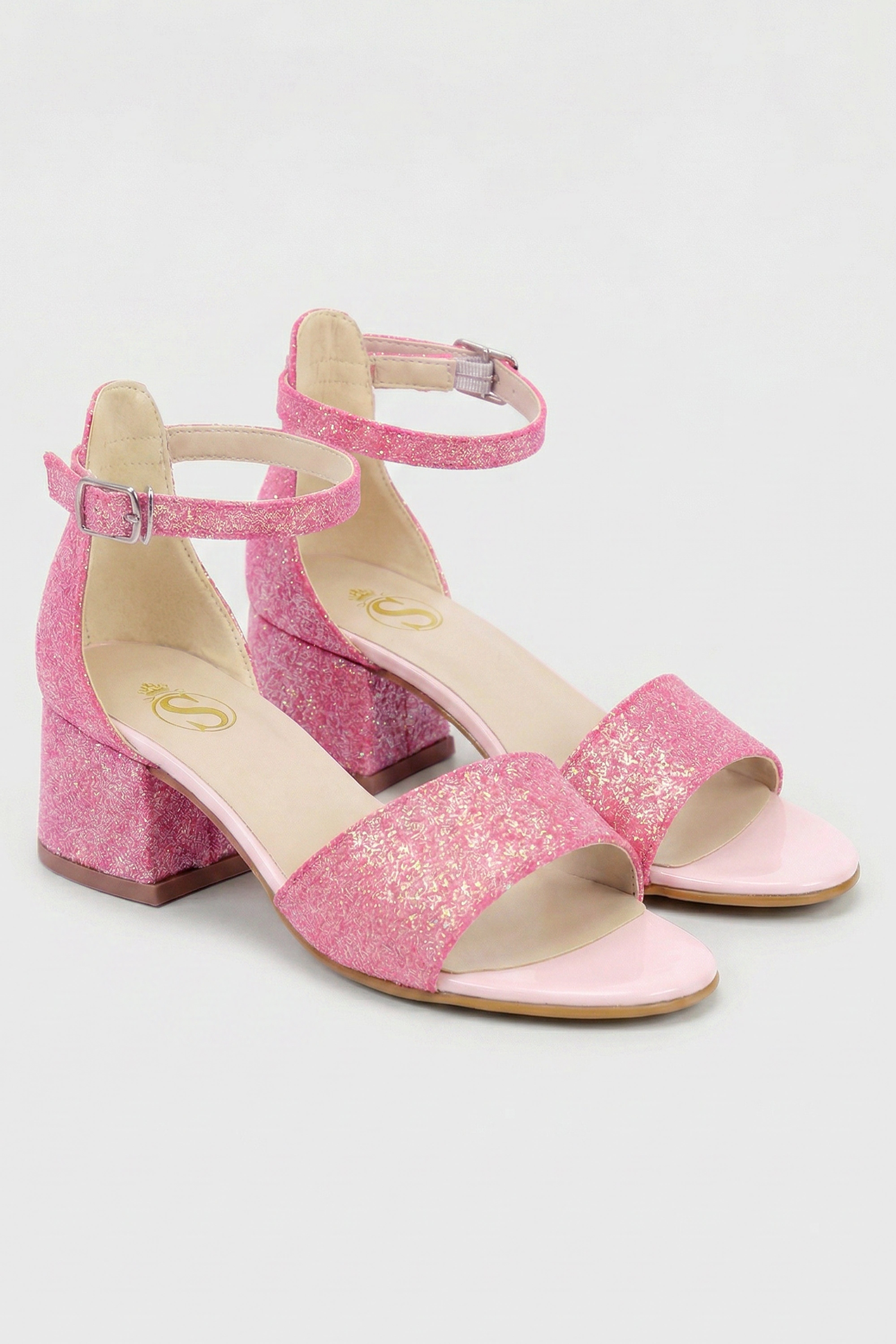 Girls Ankle-Strap Block Heel Sandals - SPARKLE - Cherry Pink