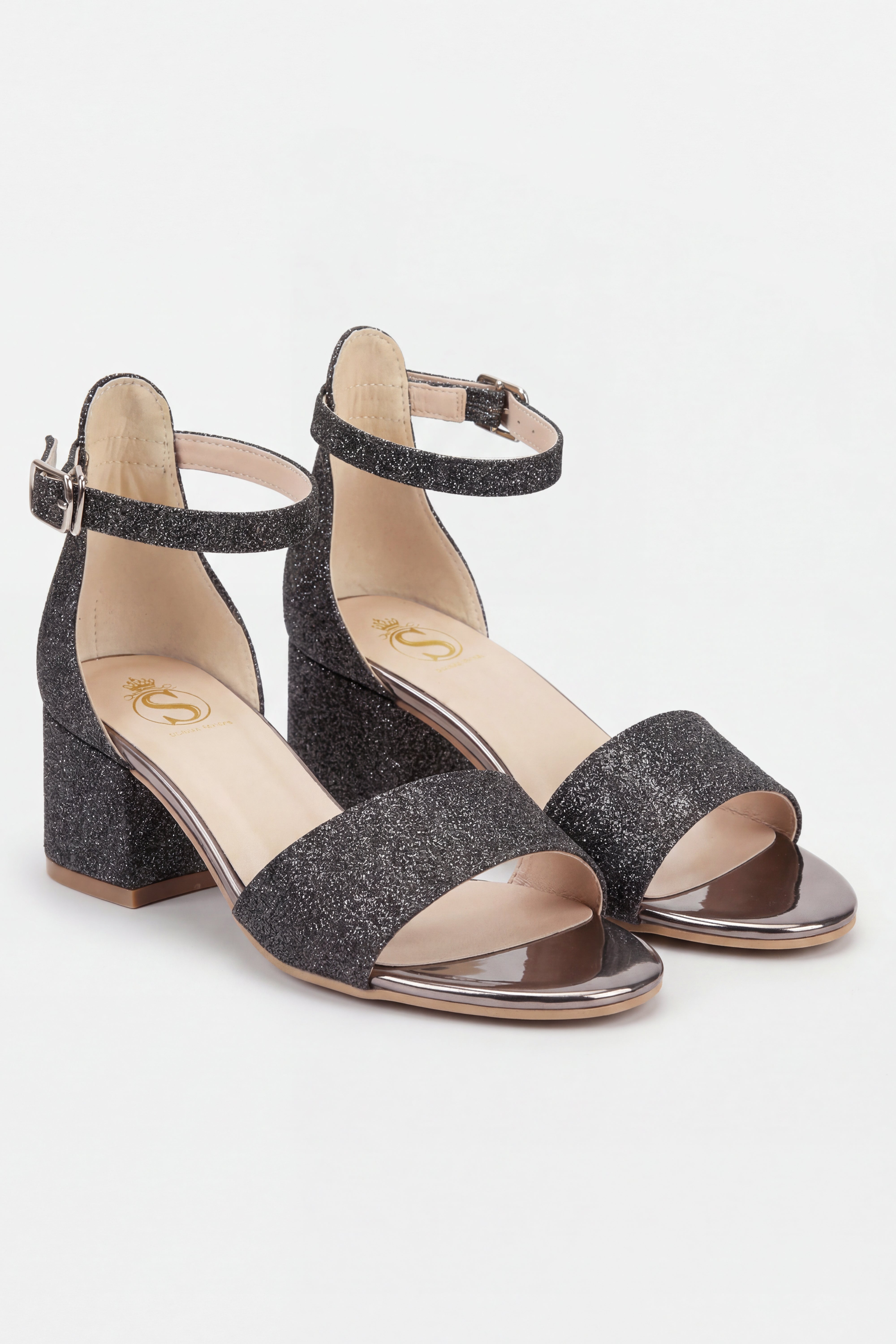 Girls Ankle-Strap Block Heel Sandals - SPARKLE - Dark Silver