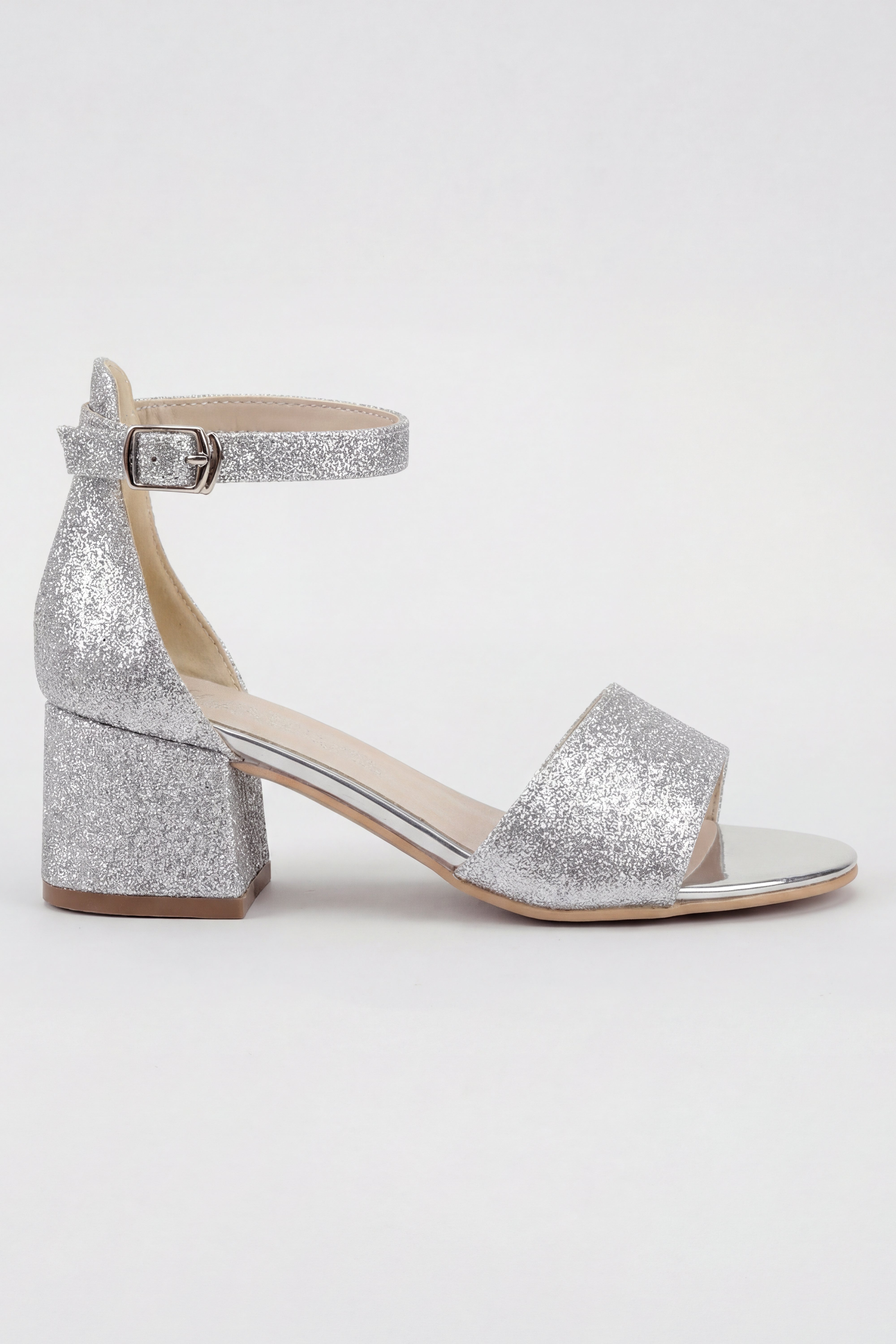 Girls Ankle-Strap Block Heel Sandals - SPARKLE - Silver