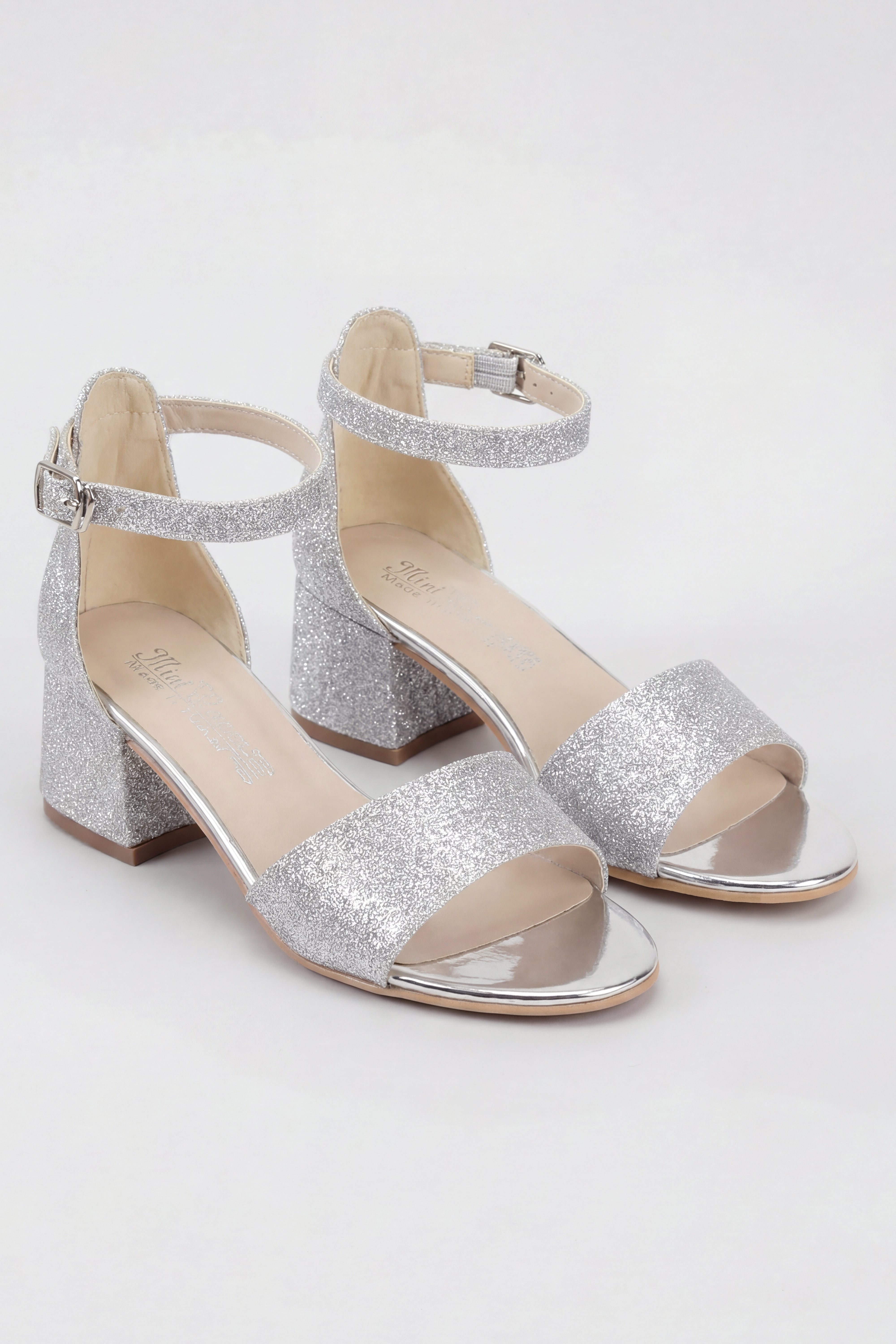 Girls Ankle-Strap Block Heel Sandals - SPARKLE - Silver