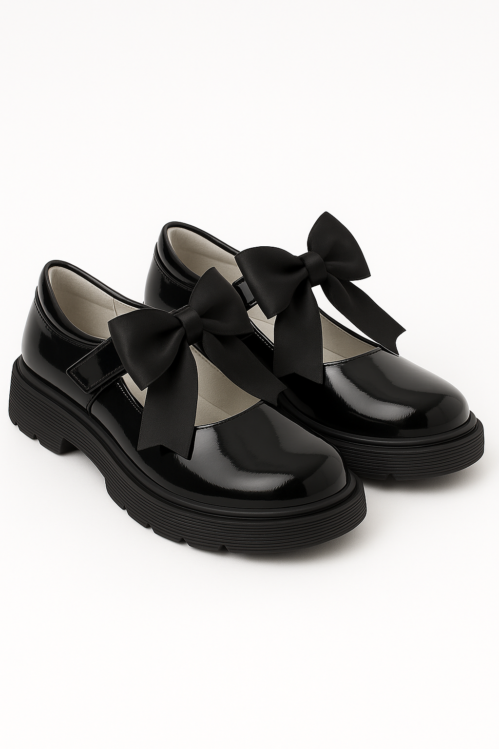Girls Black Patent Platform Mary Jane Shoes with Satin Bow Pair Side Picture