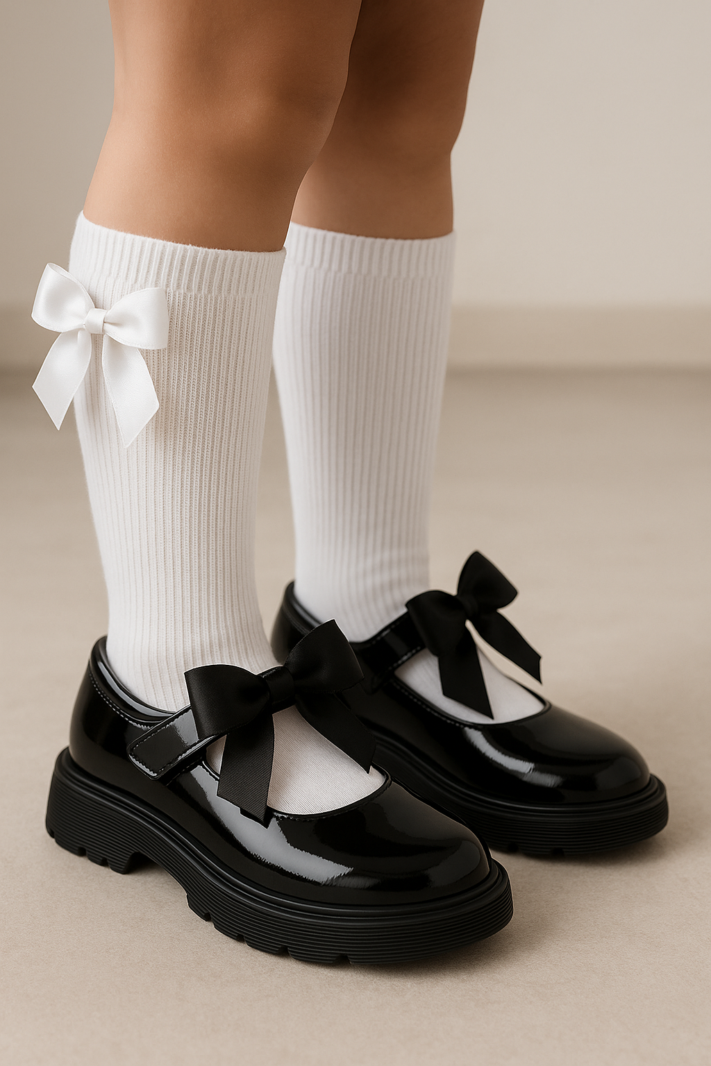 Girls Black Patent Platform Mary Jane Shoes with Satin Bow