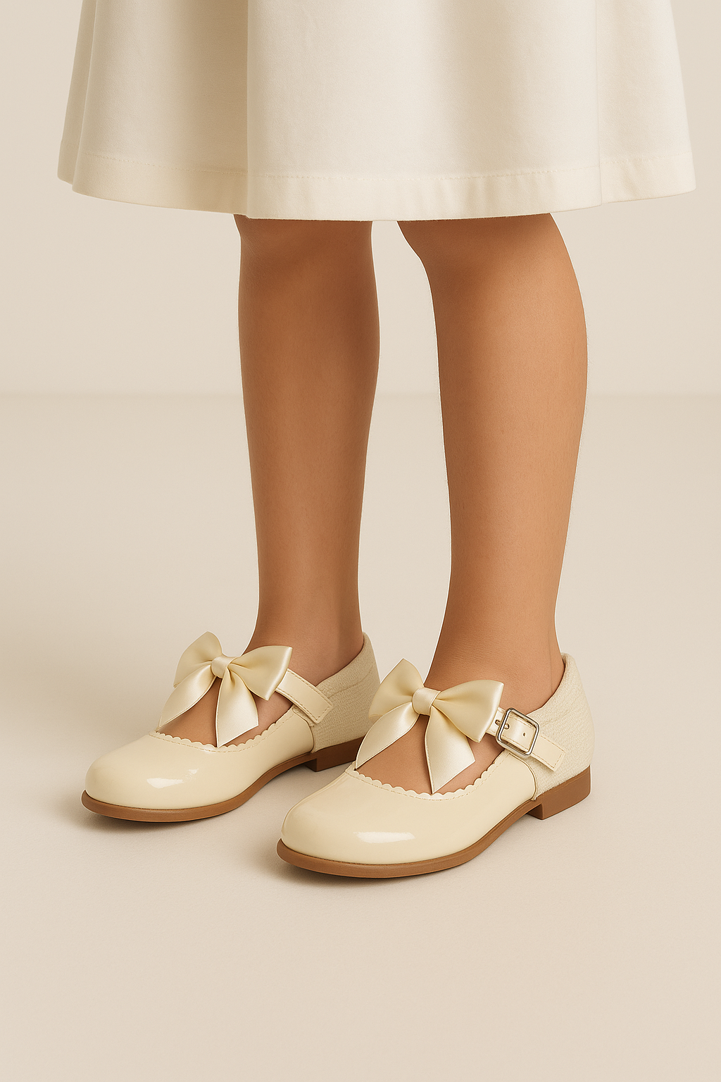 Girls Bow Patent Mary Jane Shoes – KRISTY - Cream Model Picture