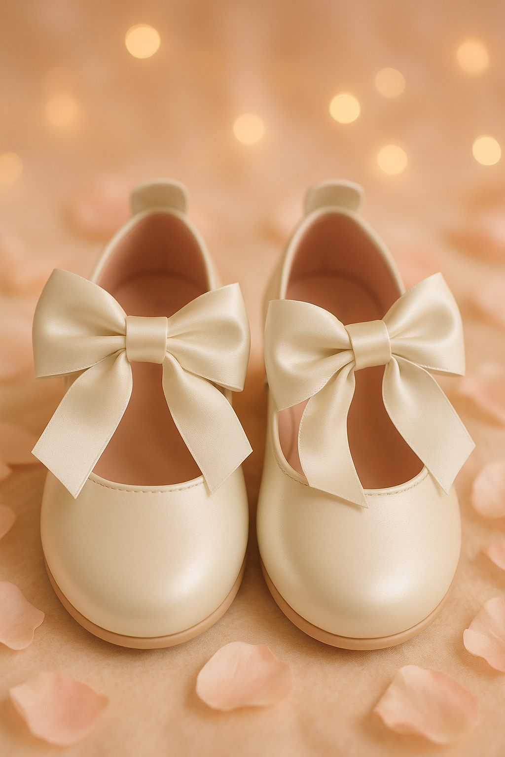 Girls Bow Velcro Flat Mary Jane Shoes - Ivory