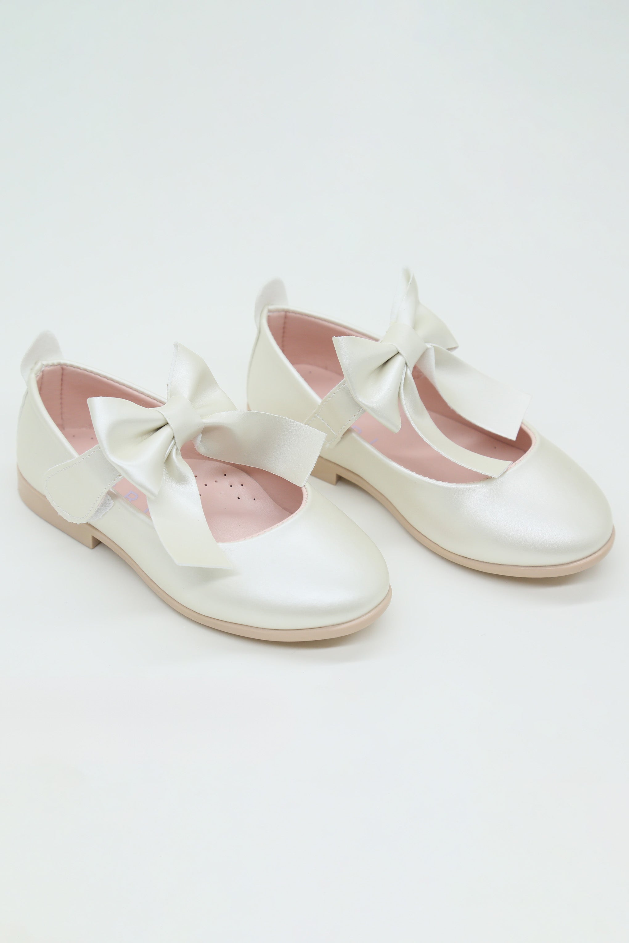 Girls Bow Velcro Flat Mary Jane Shoes - Ivory Pair Side Picture