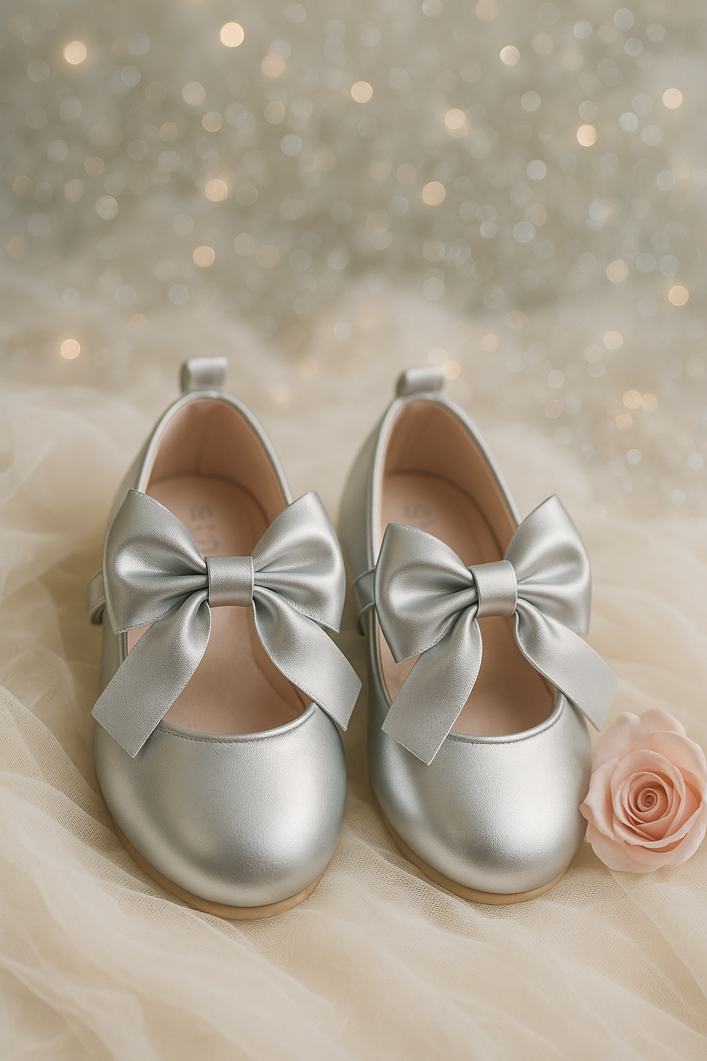Girls Bow Velcro Flat Mary Jane Shoes - Silver Model Picture