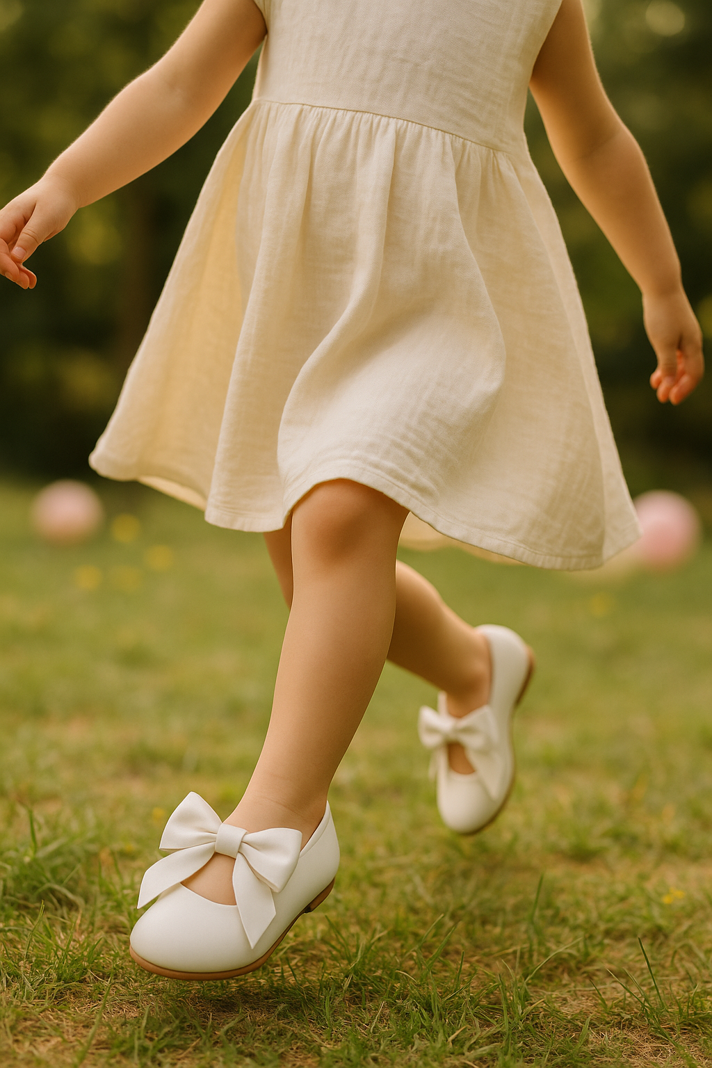 Girls Bow Velcro Flat Mary Jane Shoes - White Life Style Picture