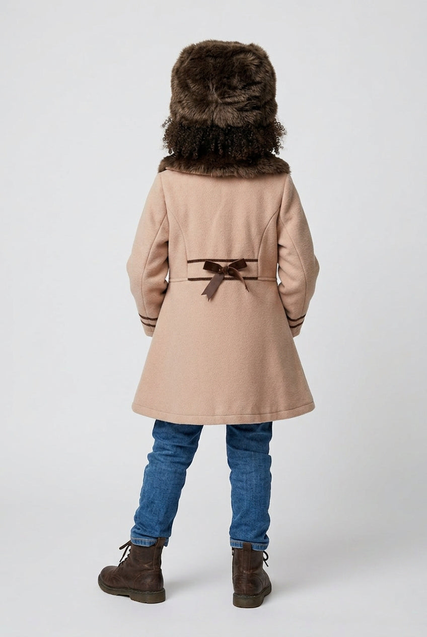 Girls Camel Coat with Faux Fur Collar and Matching Hat