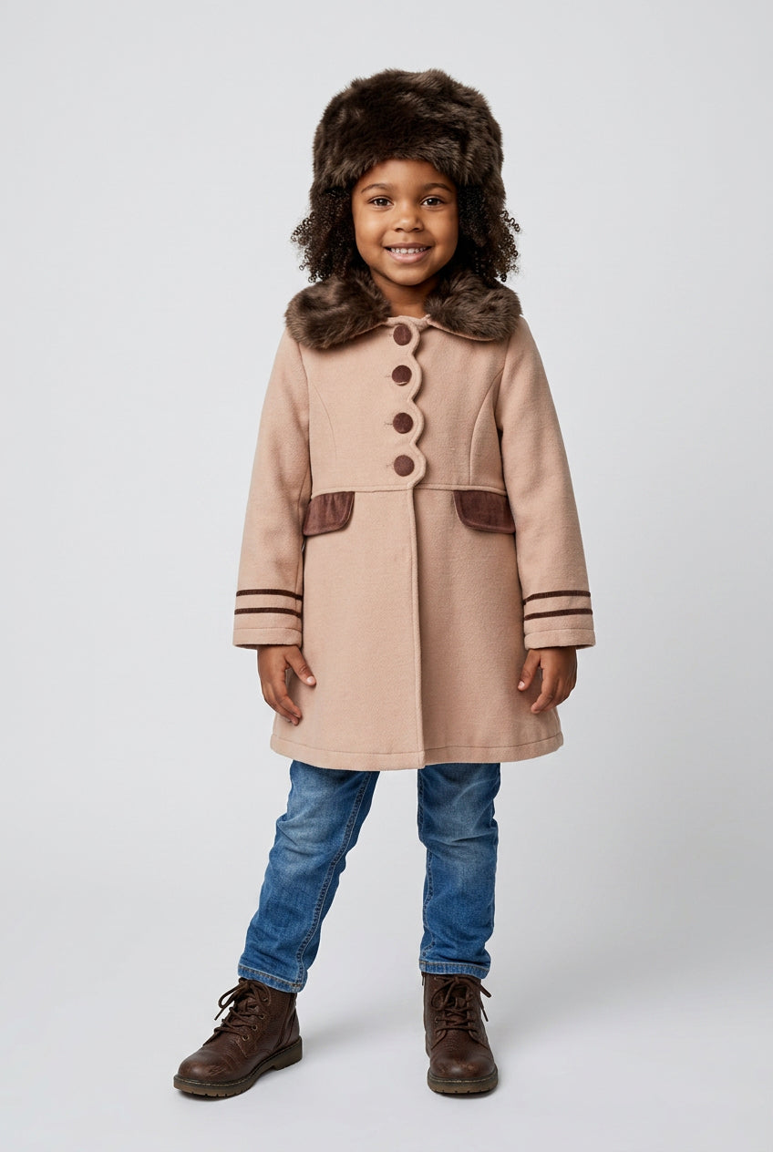 Girls Camel Coat with Faux Fur Collar and Matching Hat