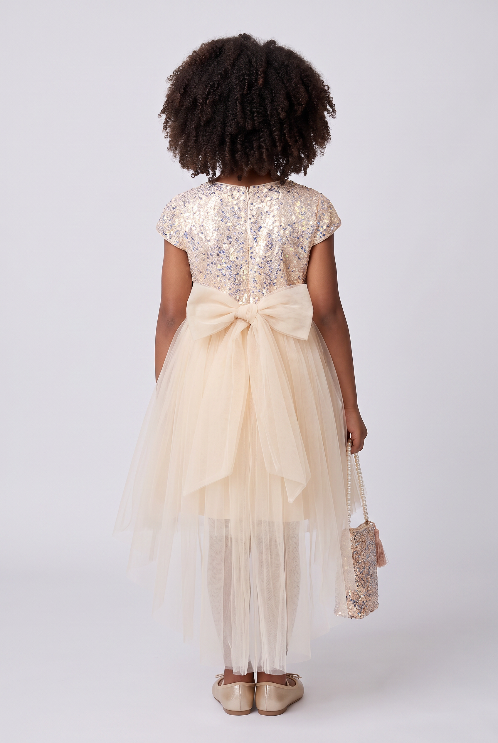 Girls Champagne Sequin High-Low Party Dress with Handbag & Floral Headband – 3 Piece Occasion Set