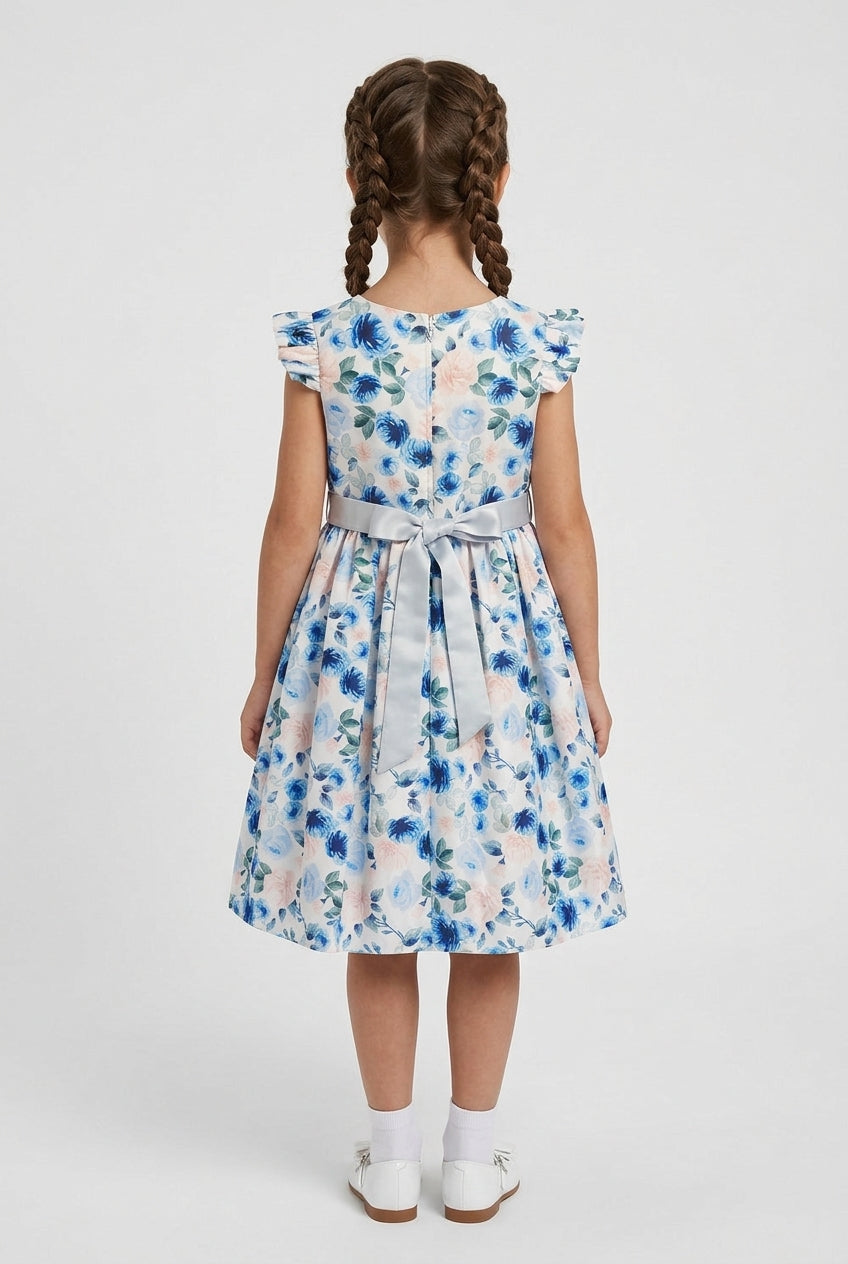 Girls Cotton Blend Blue Floral Occasion Dress Back Model Picture