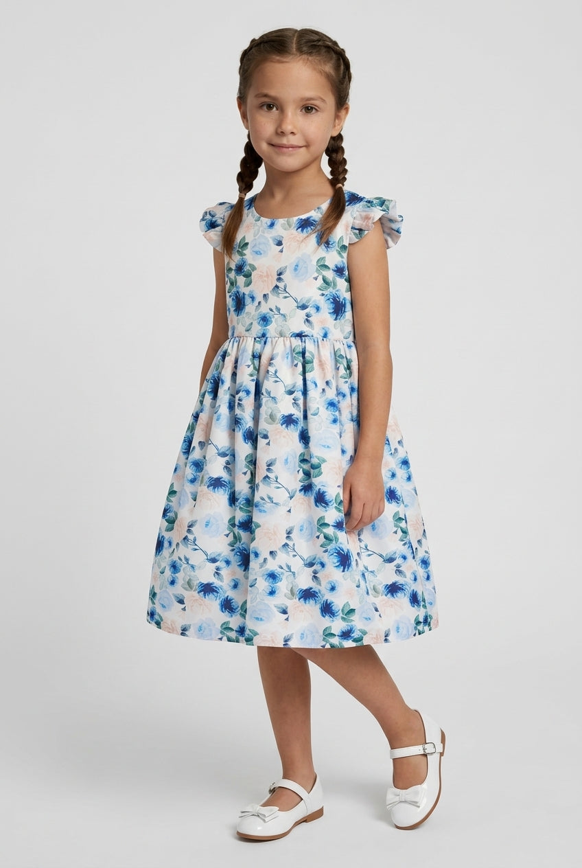 Girls Cotton Blend Blue Floral Occasion Dress Model Front Picture