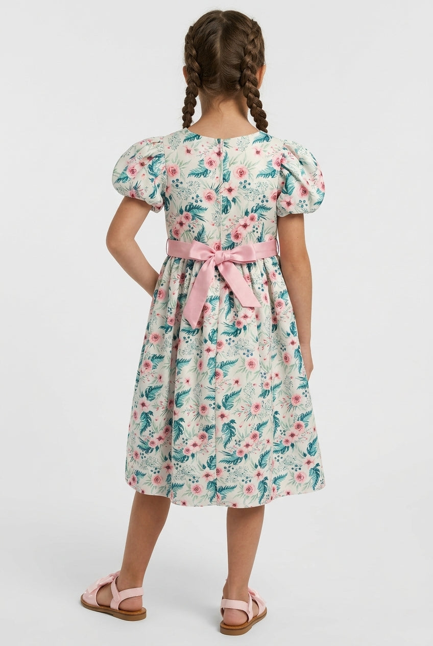 Girls Cotton Blend Green Floral Occasion Dress Back Picture
