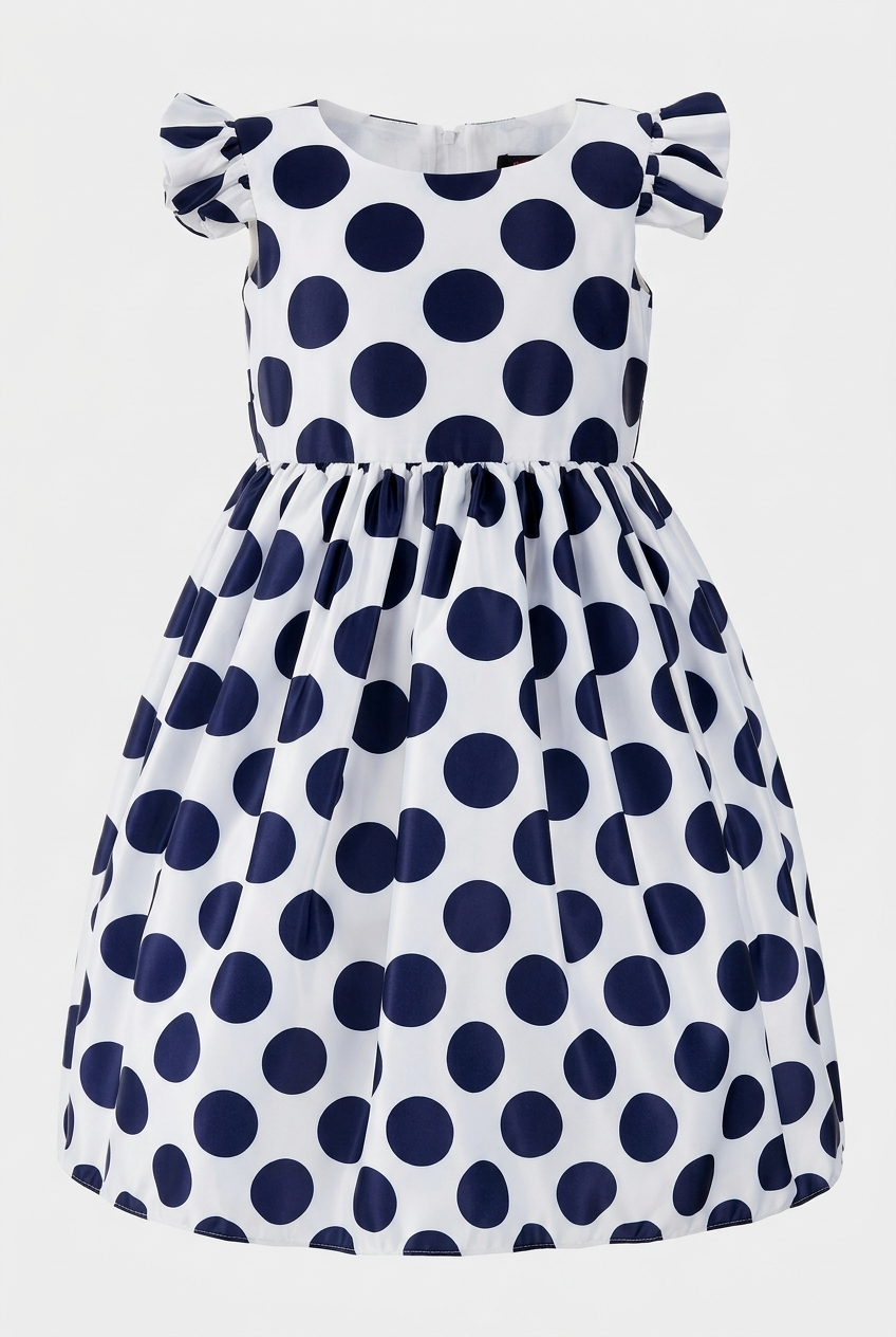 Girls Cotton Blend Navy Polka Dot Occasion Dress Picture