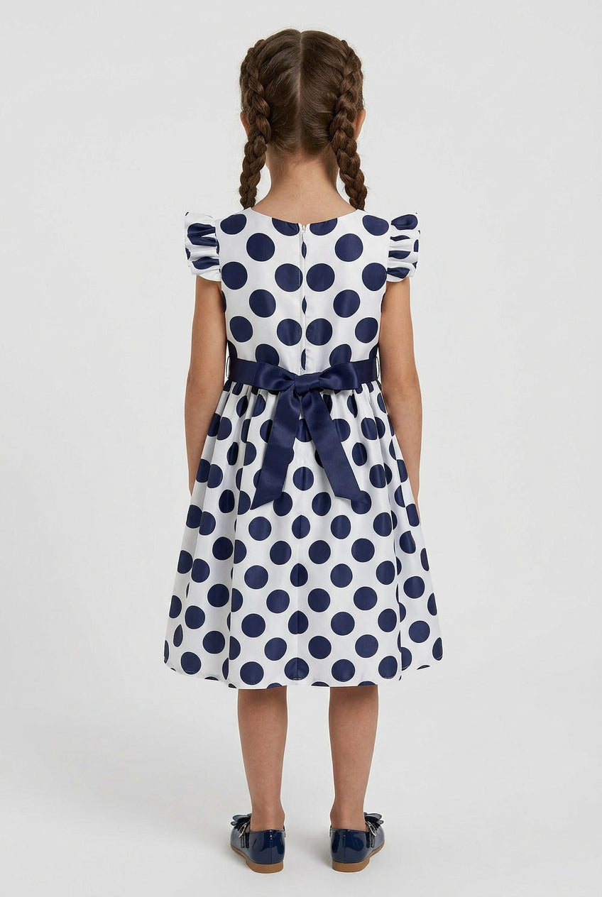Girls Cotton Blend Navy Polka Dot Occasion Dress Model Back Picture