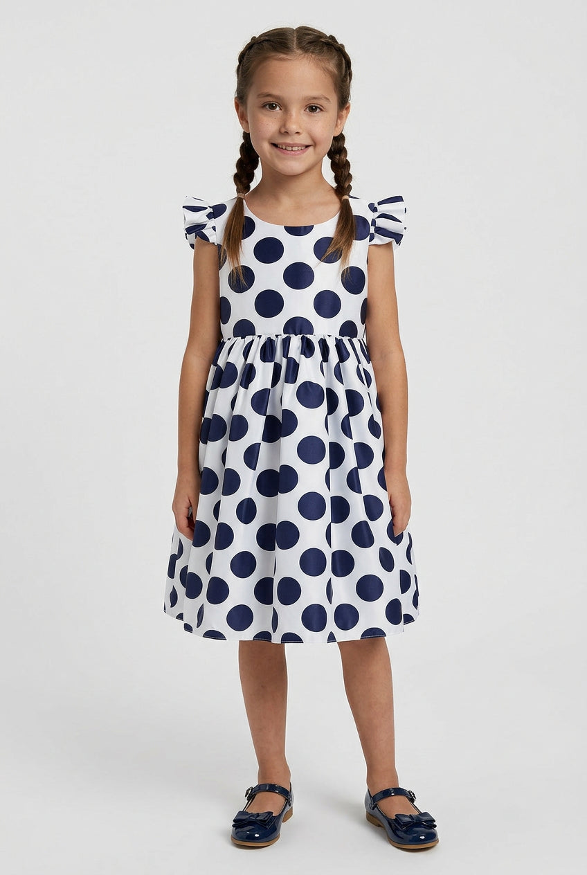 Girls Cotton Blend Navy Polka Dot Occasion Dress Model Picture