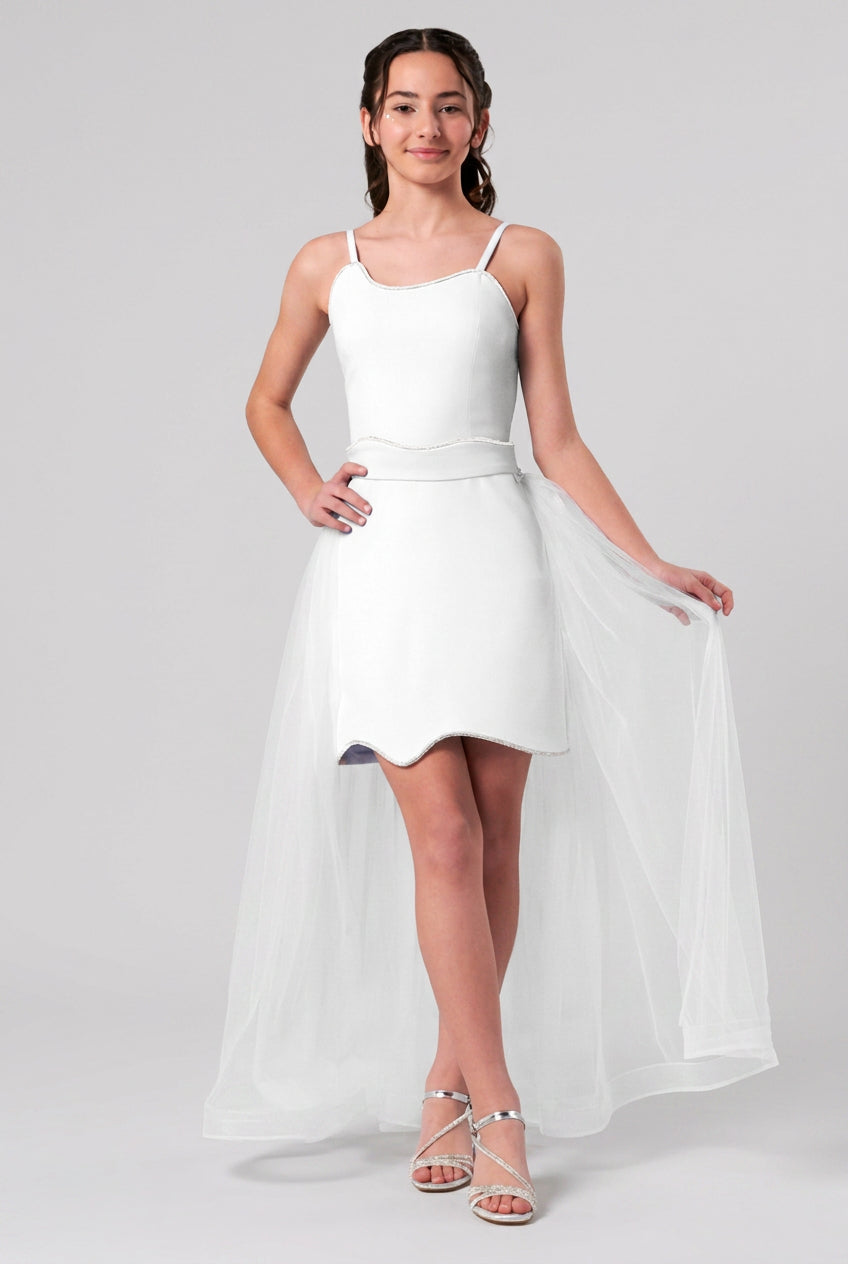 Girls Dress with Detachable Tulle Train - Off White