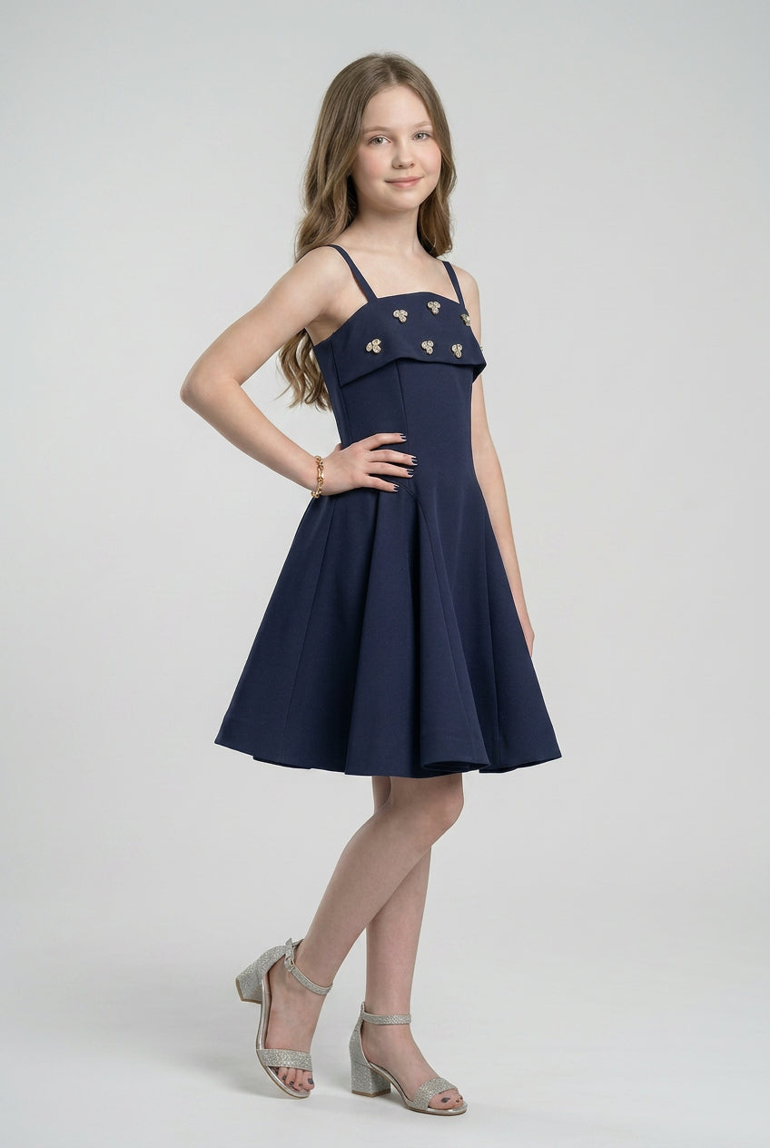 Girls Embellished Strap Party Dress with Pleated Skirt - Navy Model Side Picture