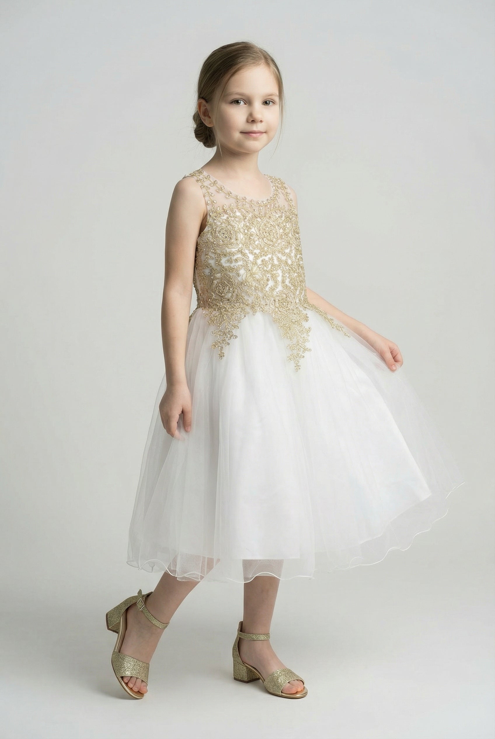 Girls Embroidered Tulle Dress with Illusion Neck - Linzi - Ivory & GoldModel Picture