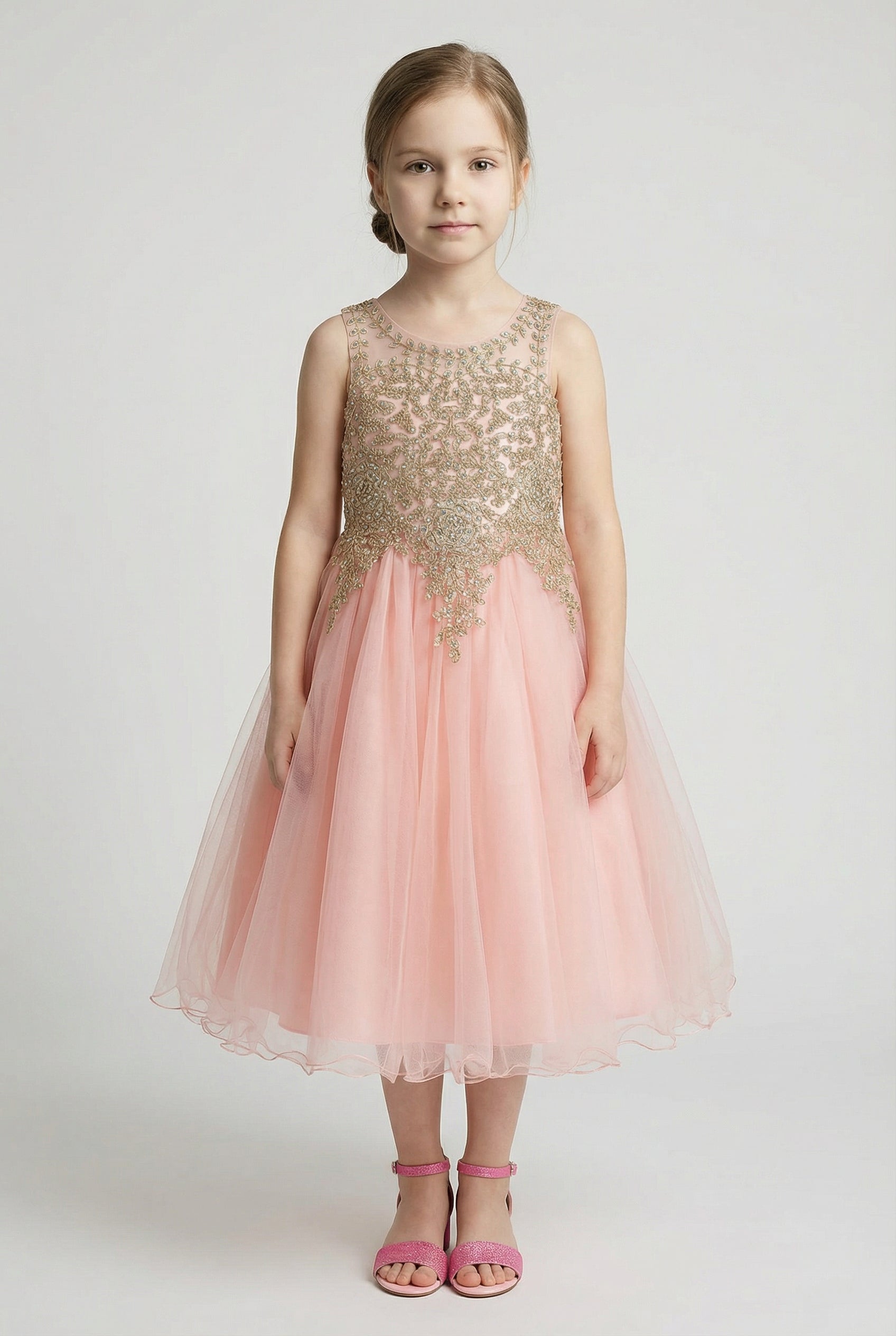 Girls Embroidered Tulle Dress with Illusion Neck - Linzi - Pink Front Picture