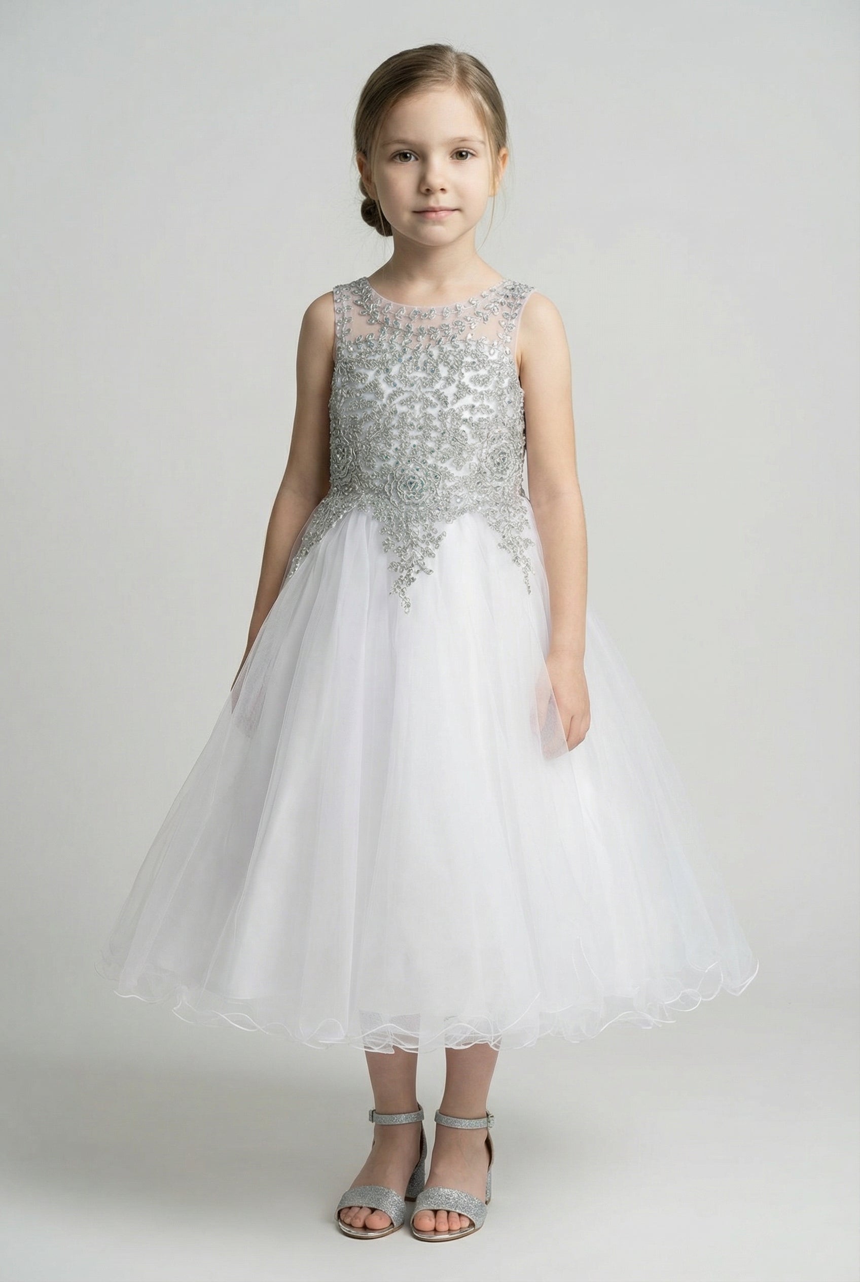 Girls Embroidered Tulle Dress with Illusion Neck - Linzi - White & Silver Model Front Picture