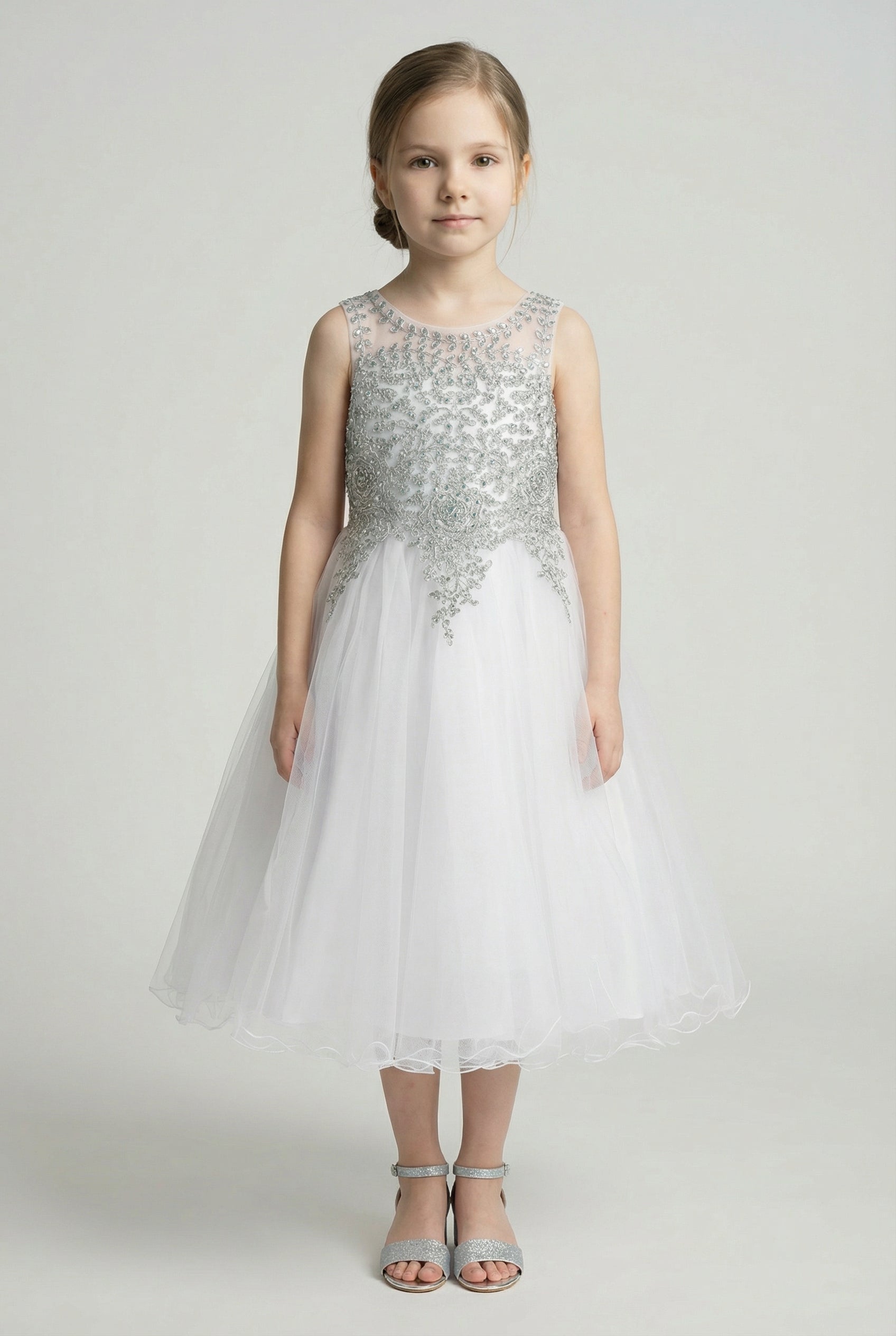 Girls Embroidered Tulle Dress with Illusion Neck - Linzi - White & Silver Model Picture