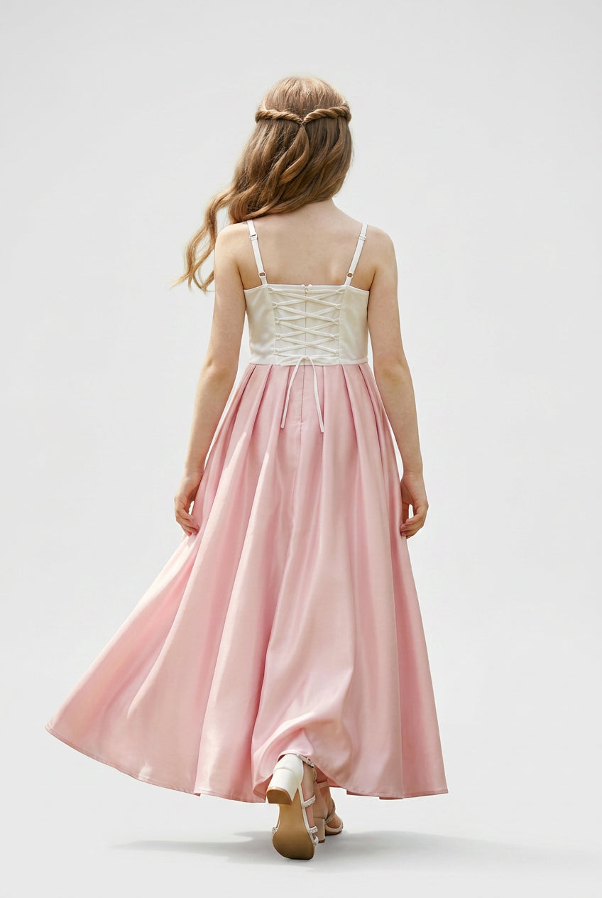 Girls Floral Appliqué Long Satin Occasion Dress - Pink Back Picture