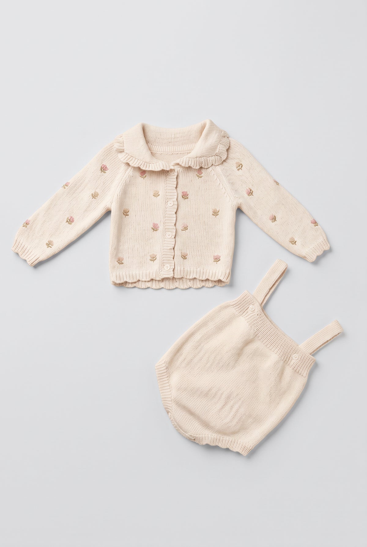 Girls Floral Knitted Cardigan & Romper 2-Piece Set - 2640 - Ivory