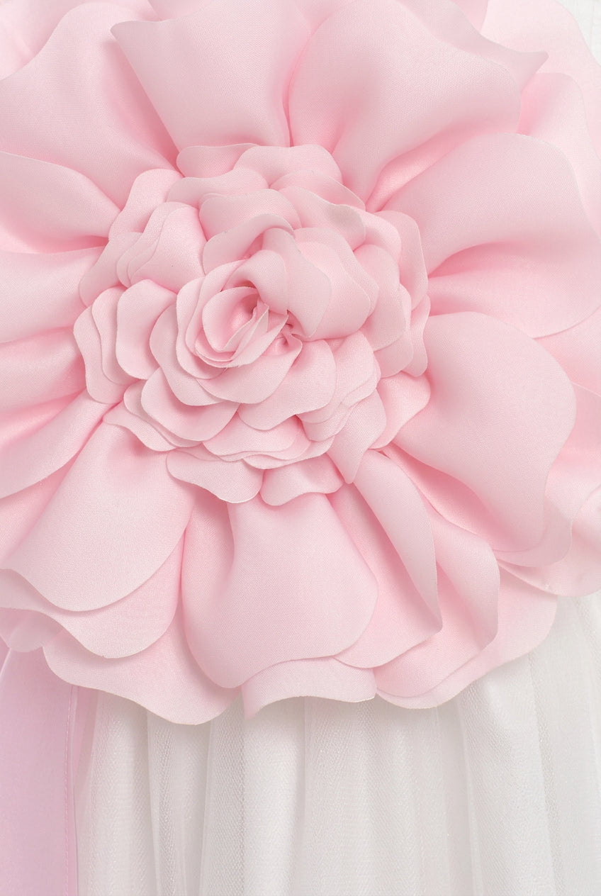 Girls Floral Tulle Maxi Dress with Organza Overlay - Ecru & Pink  Detail Picture