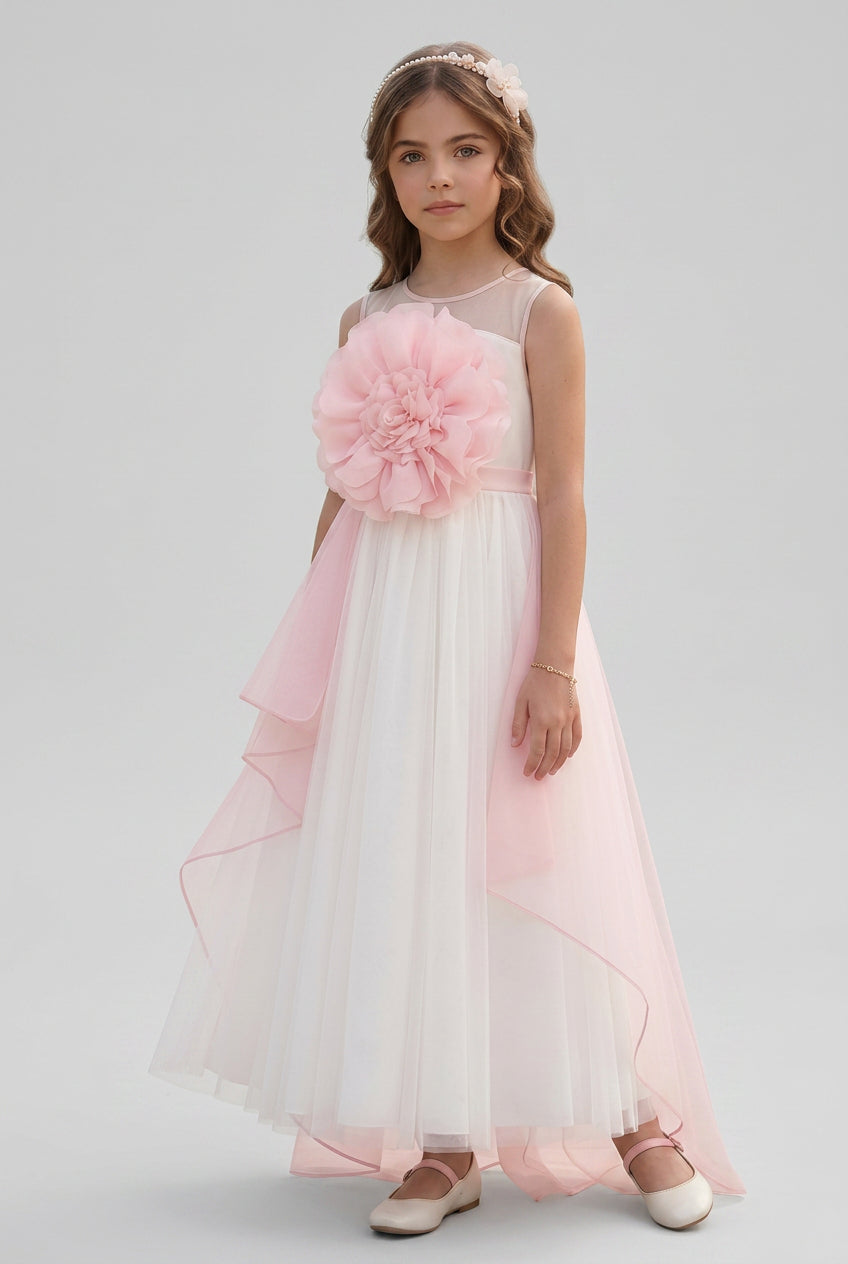 Girls Floral Tulle Maxi Dress with Organza Overlay - Ecru & Pink  Model Picture