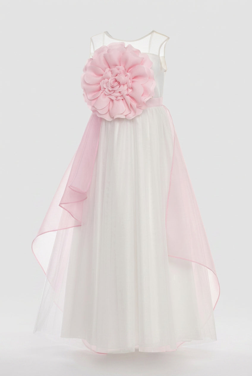 Girls Floral Tulle Maxi Dress with Organza Overlay - Ecru & Pink  Front Picture