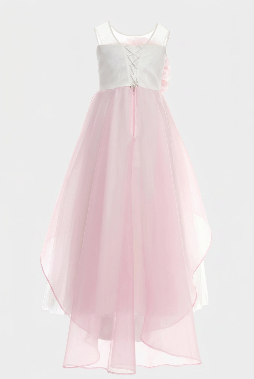 Girls Floral Tulle Maxi Dress with Organza Overlay - Ecru & Pink  Back Picture