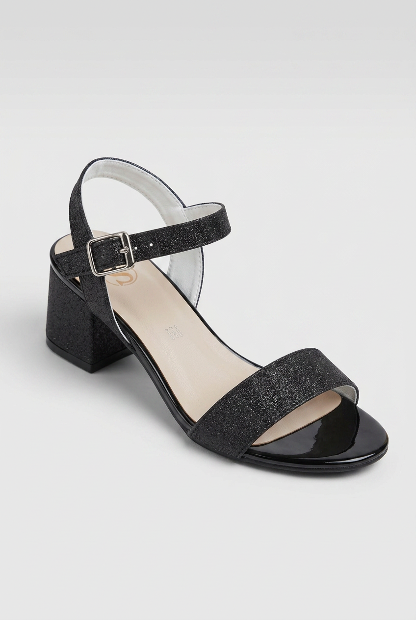 Girls Glitter Block Heel Sandals - Black Side Picture