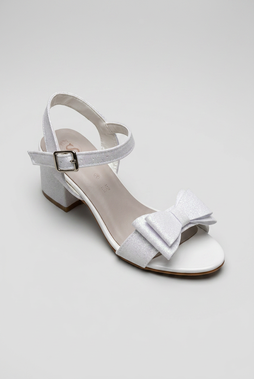 Girls Glitter Bow Block Heel Sandals - Pearl White Side Picture