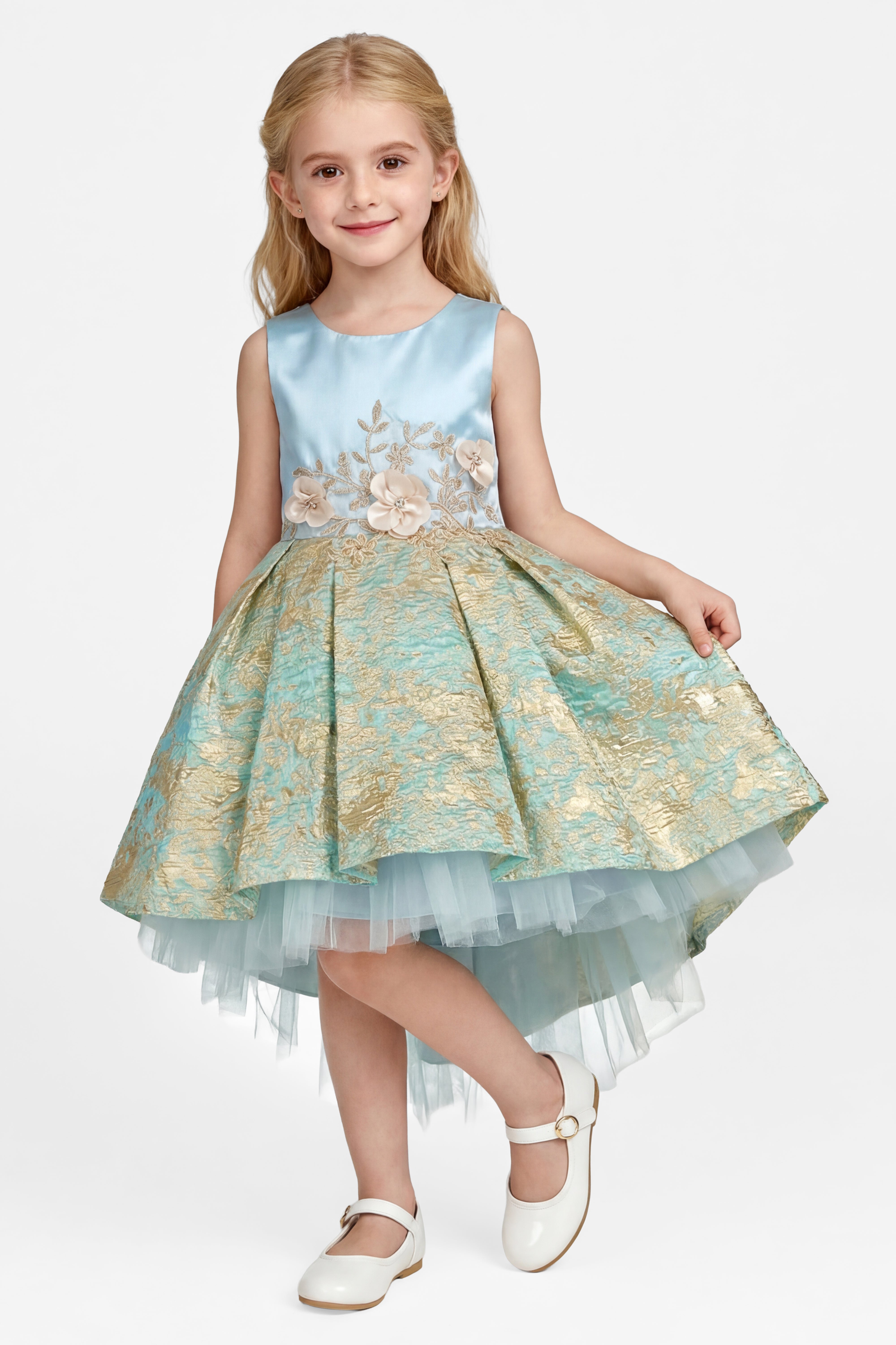 Girls Gold Accented Brocade Dress - Blue