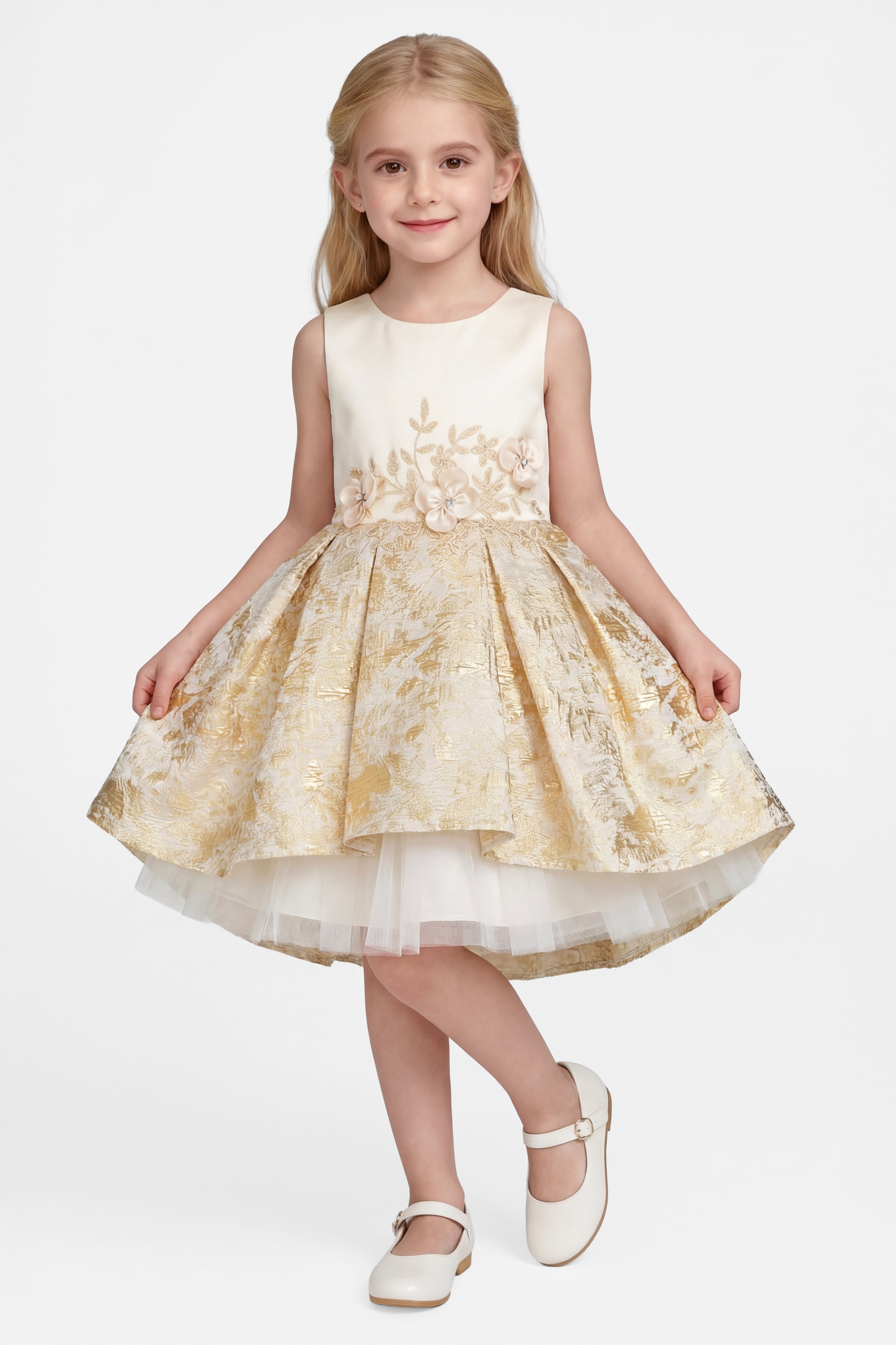 Girls Gold Accented Brocade Dress - Ivory Model Picture