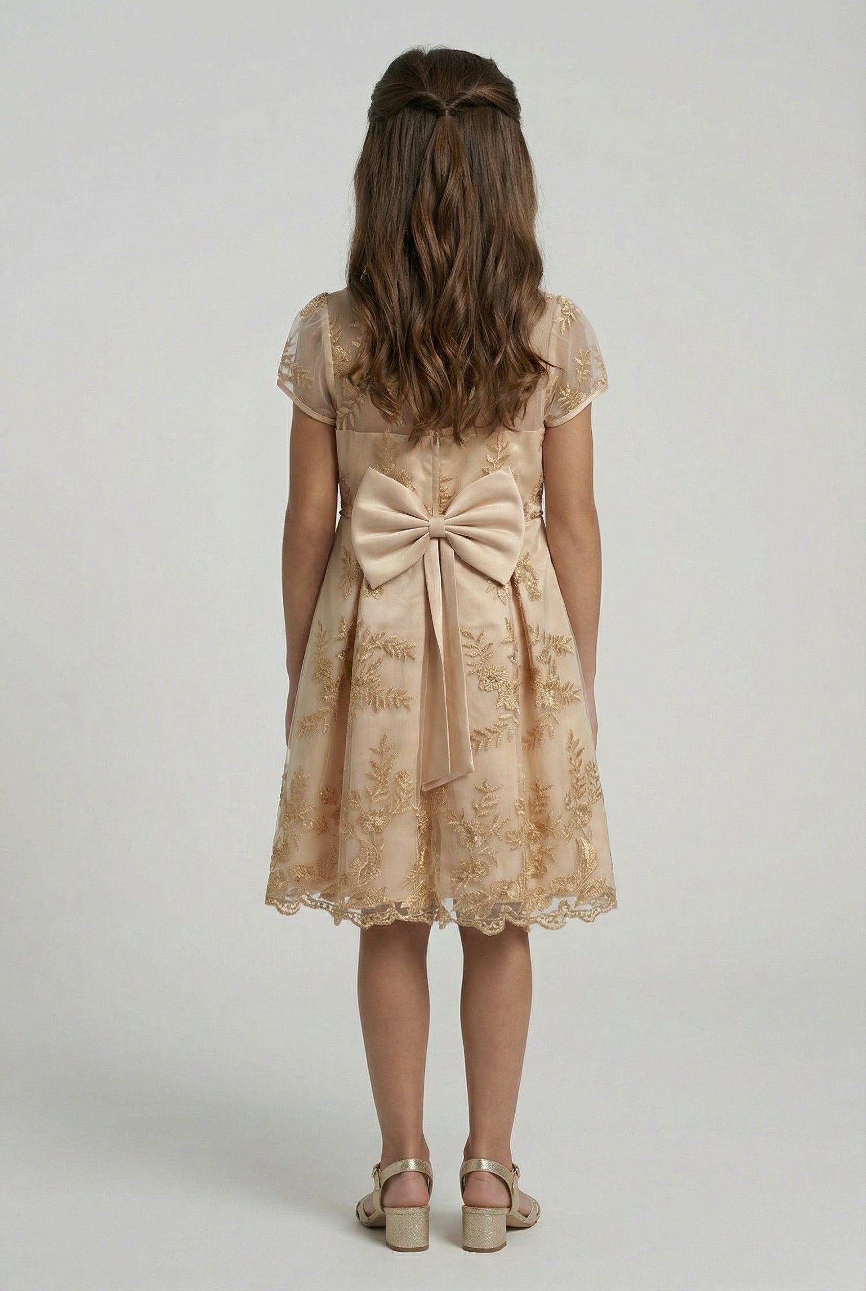 Girls Gold Embroidered Dress with Back Bow - Ava Gold Model Back Picture