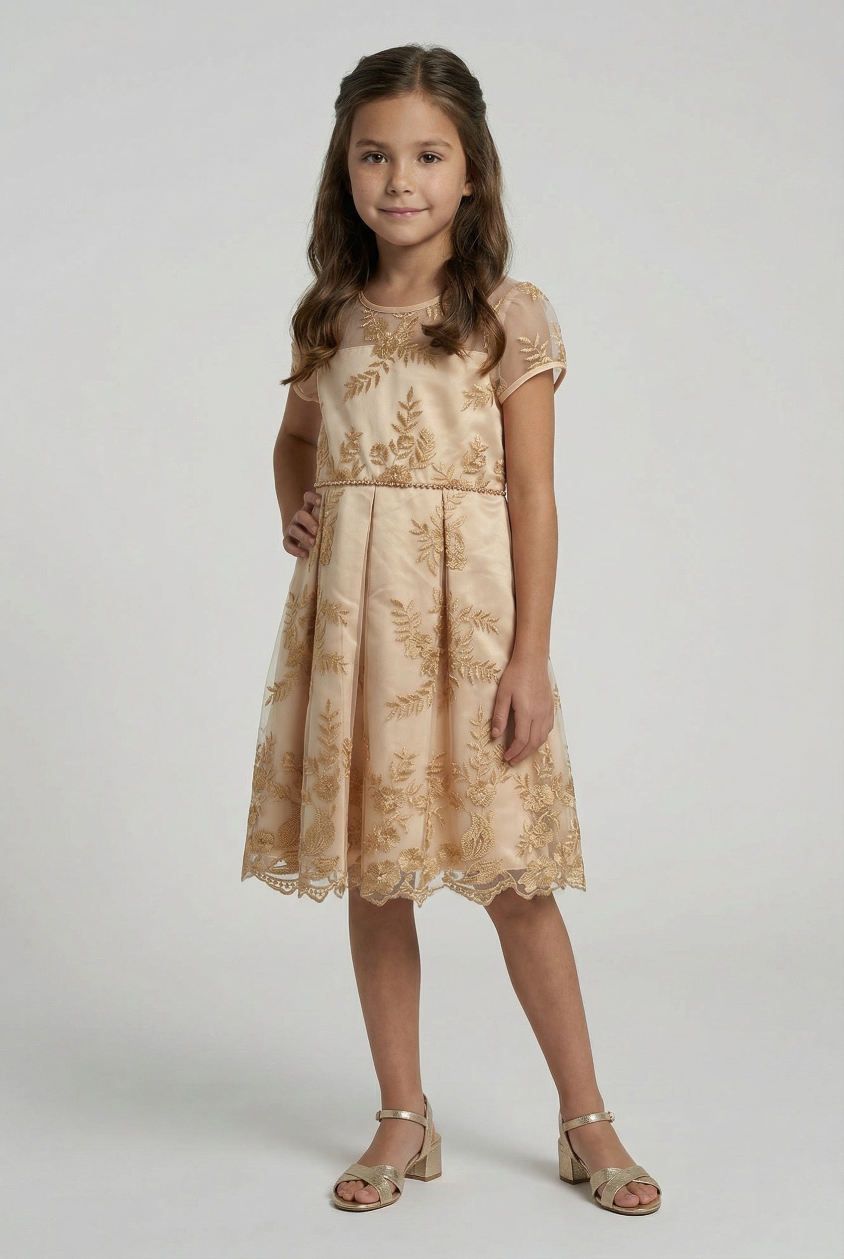 Girls Gold Embroidered Dress with Back Bow - Ava Gold Model Picture