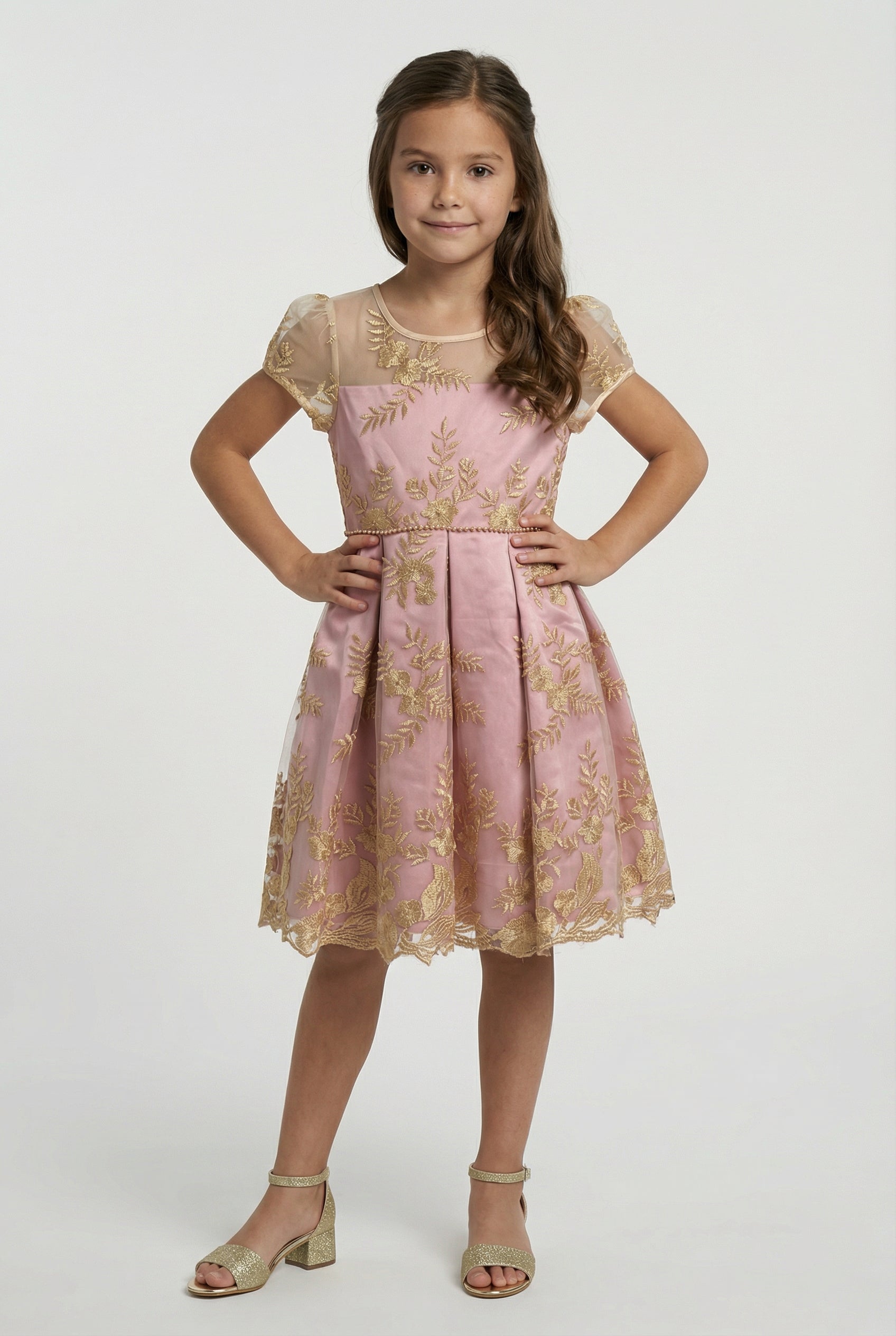 Girls Gold Embroidered Dress with Back Bow - Ava Pink Model Picture