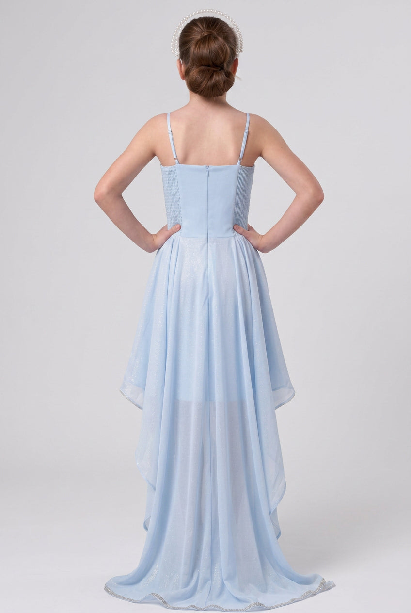 Girls High-Low Chiffon Dress with Crystal Belt - Blue Back Picture