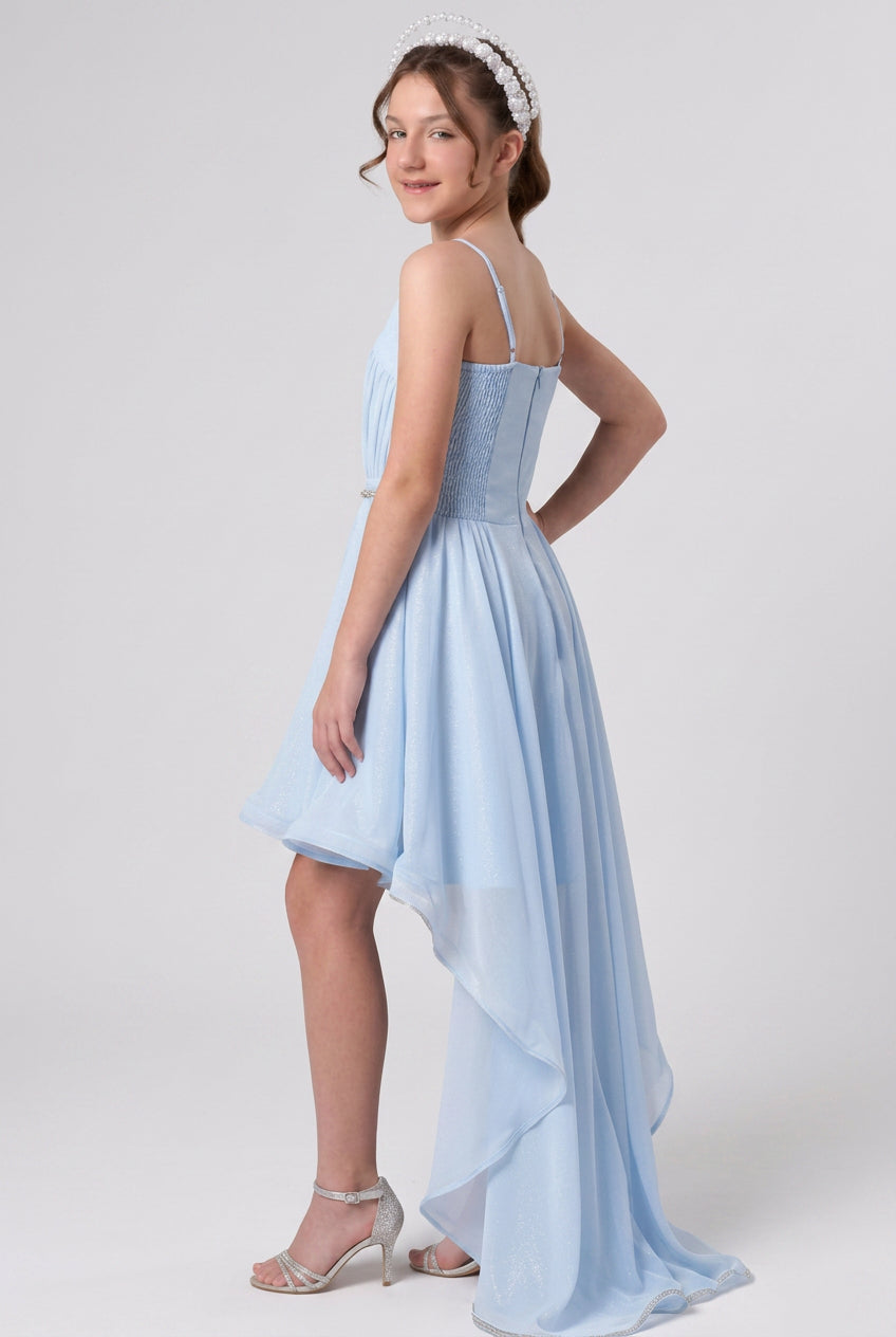 Girls High-Low Chiffon Dress with Crystal Belt - Blue